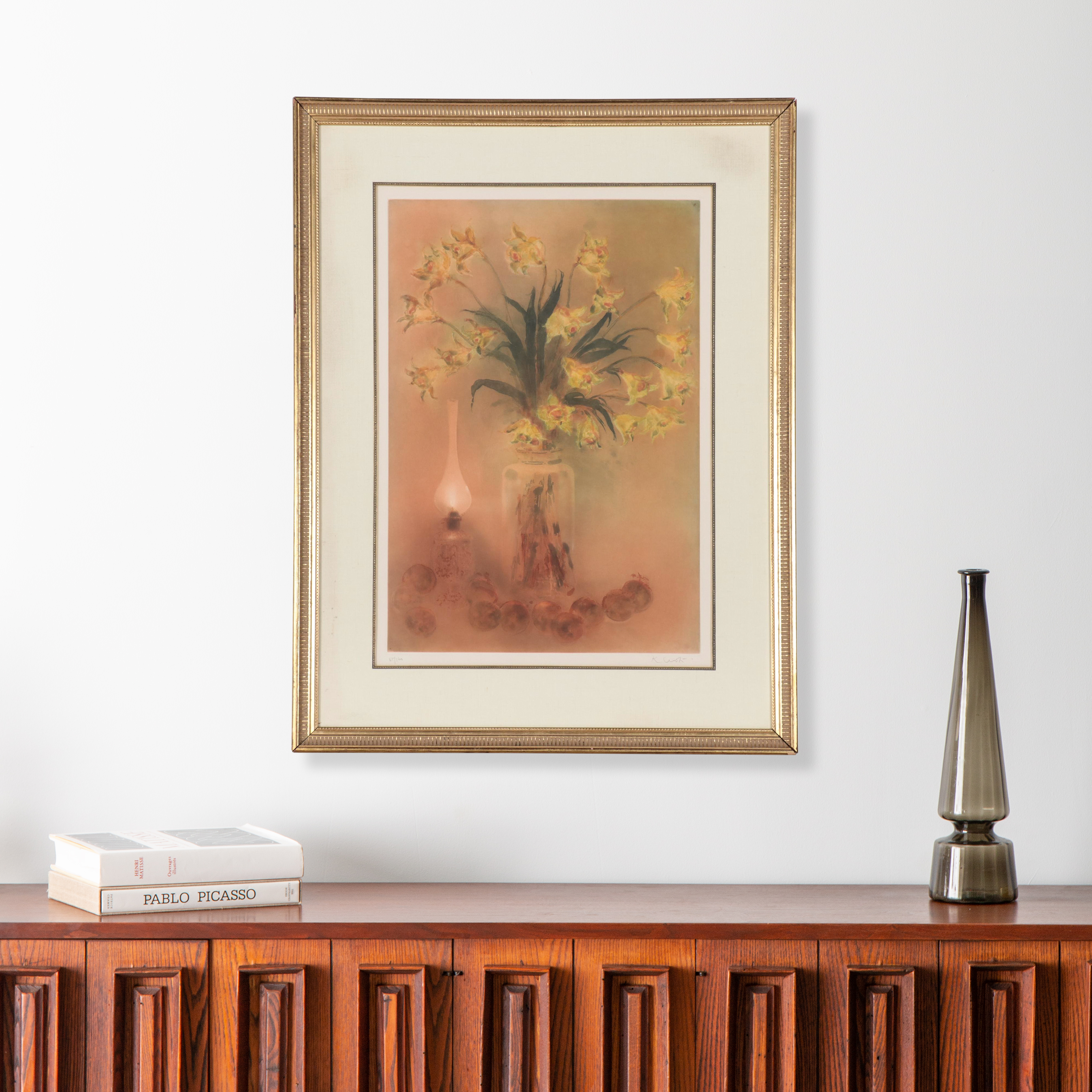 Kaiko Moti Floral Still Life Engraving "Les Jonquilles," Circa 1970