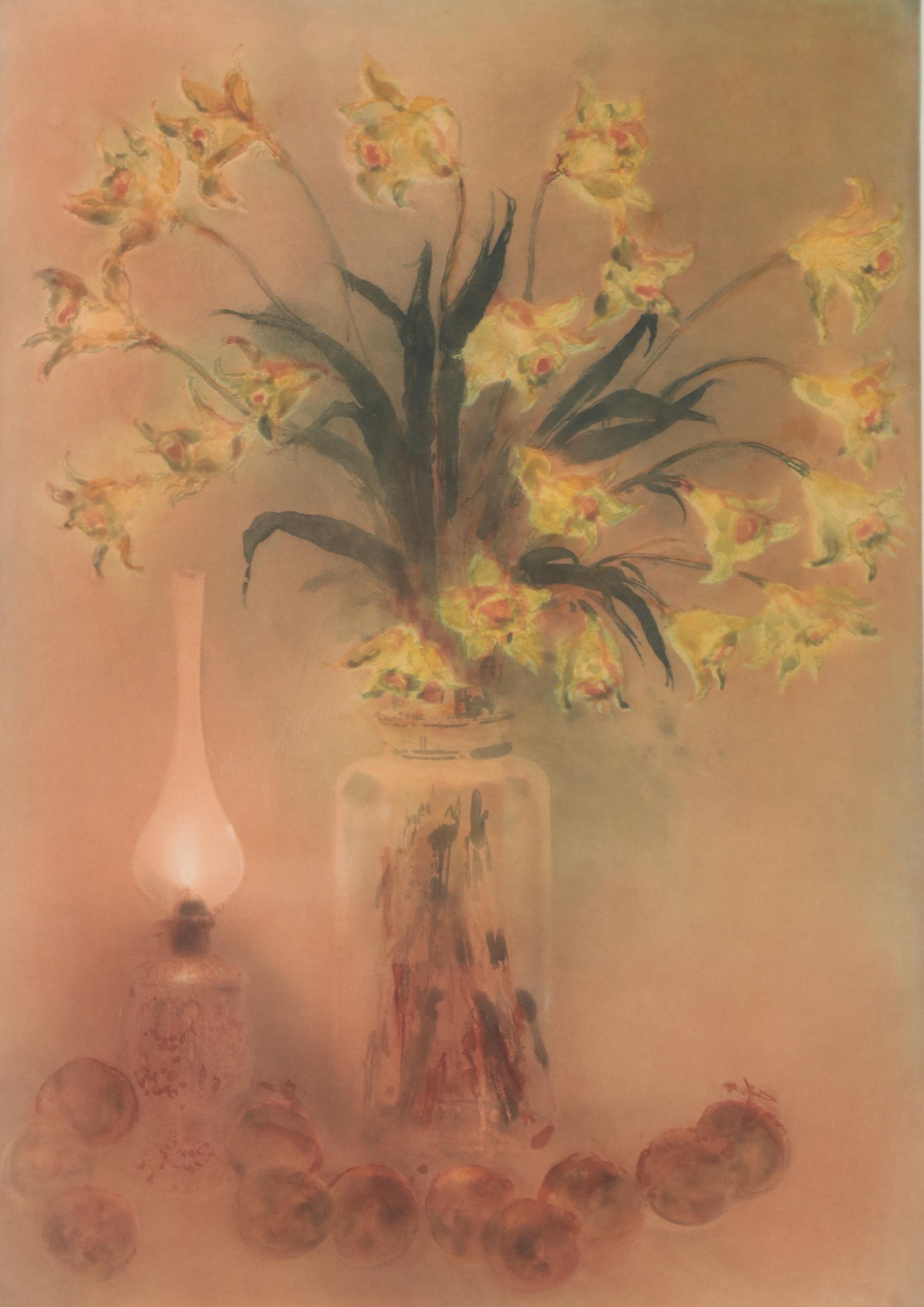 Kaiko Moti Floral Still Life Engraving "Les Jonquilles," Circa 1970