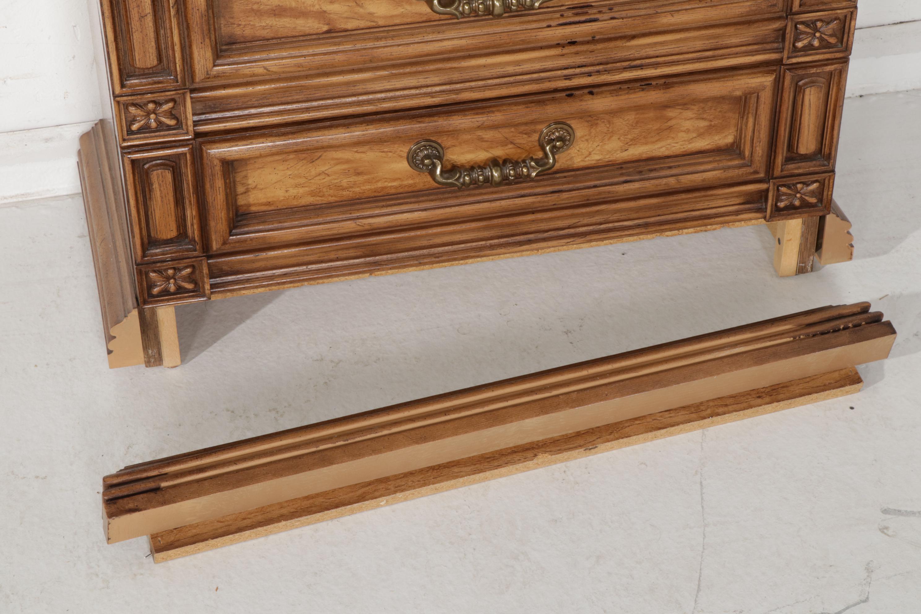 Spanish Baroque Style Fruitwood-Finished 5-Drawer Chest with Wall Mirror, 1970s