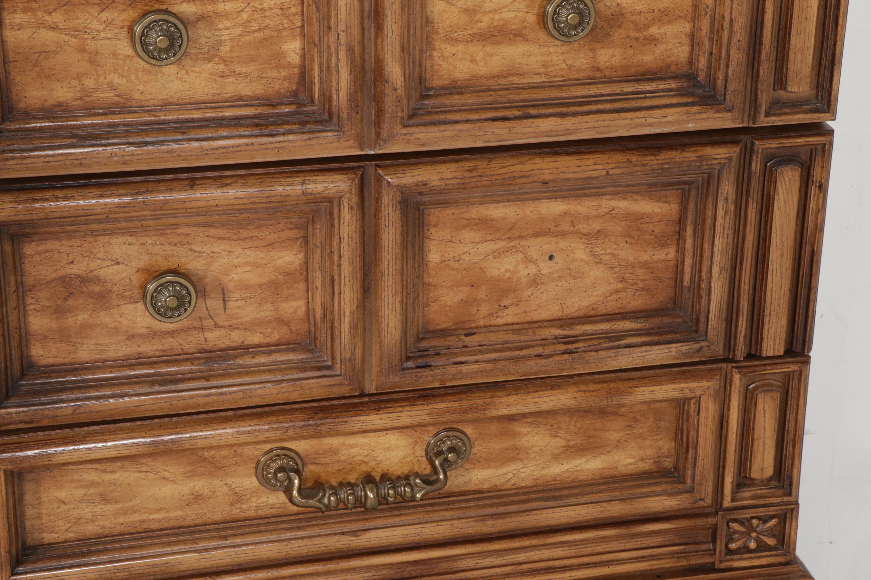 Spanish Baroque Style Fruitwood-Finished 5-Drawer Chest with Wall Mirror, 1970s