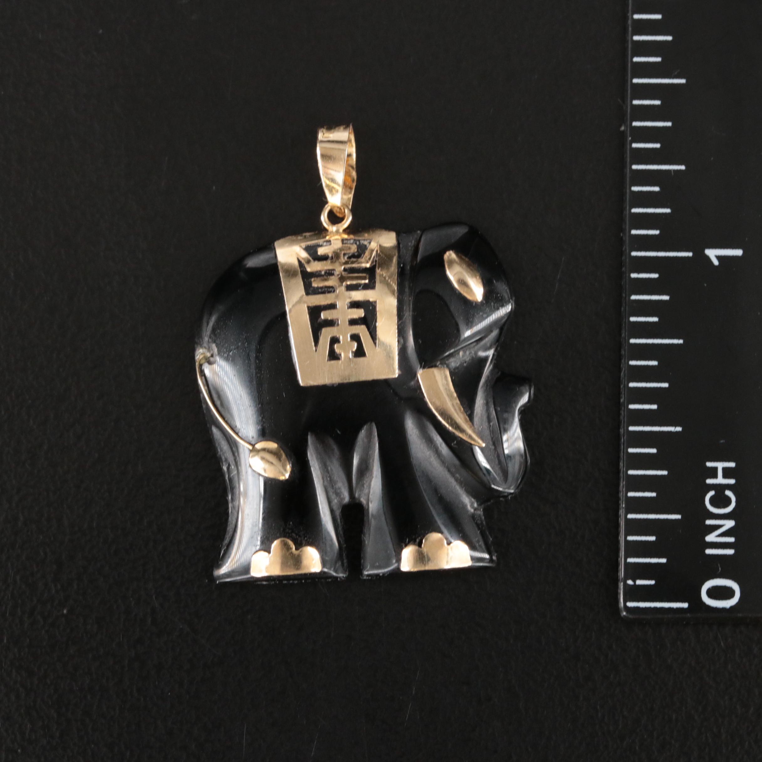 14K Carved Black Onyx Elephant Pendant with Longevity Accent
