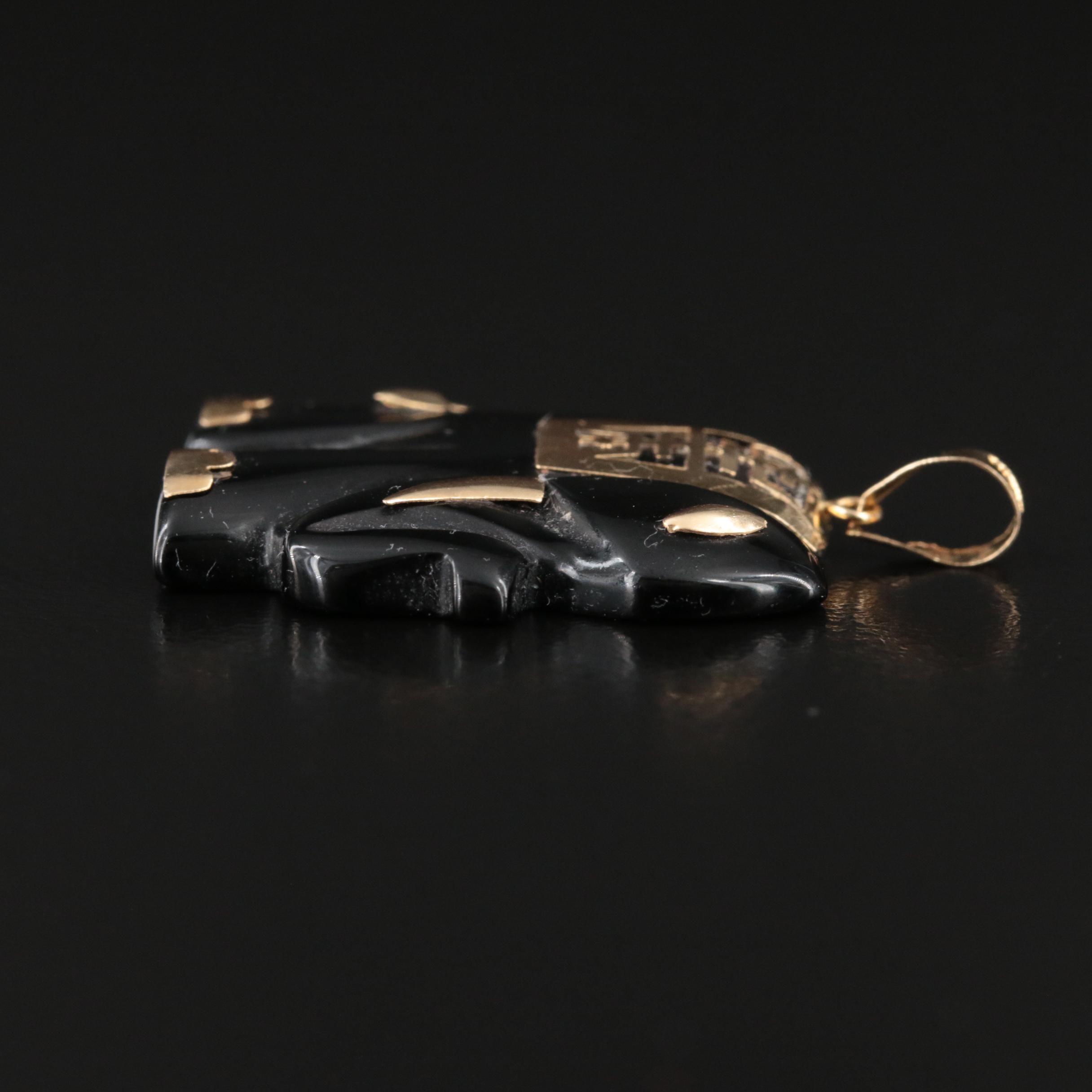 14K Carved Black Onyx Elephant Pendant with Longevity Accent
