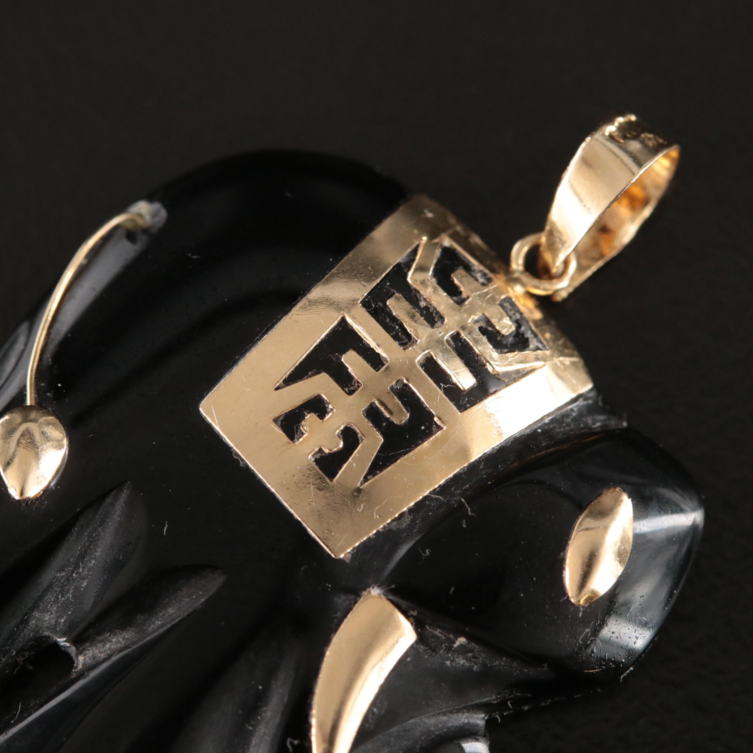 14K Carved Black Onyx Elephant Pendant with Longevity Accent