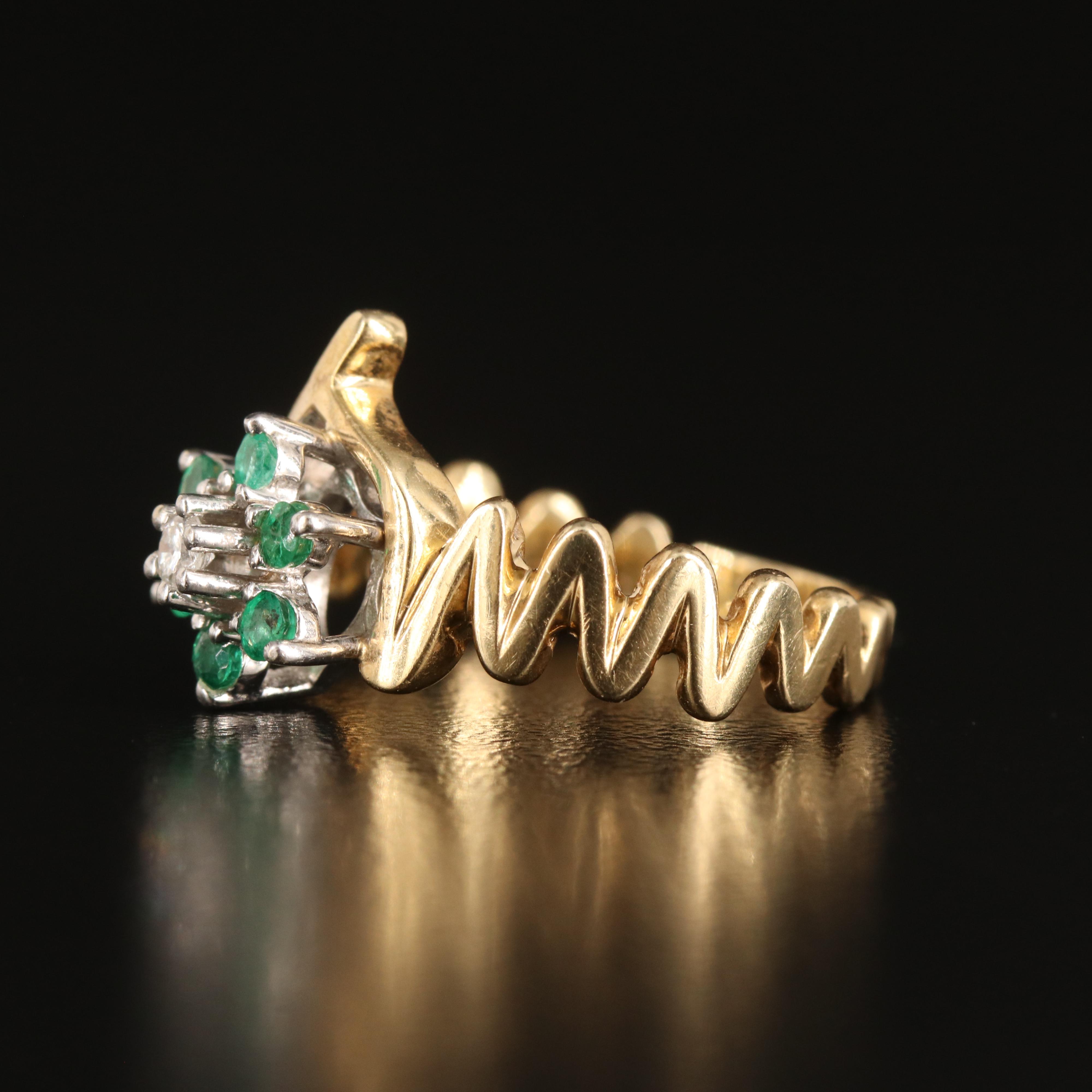 14K Diamond and Emerald Floral Ring