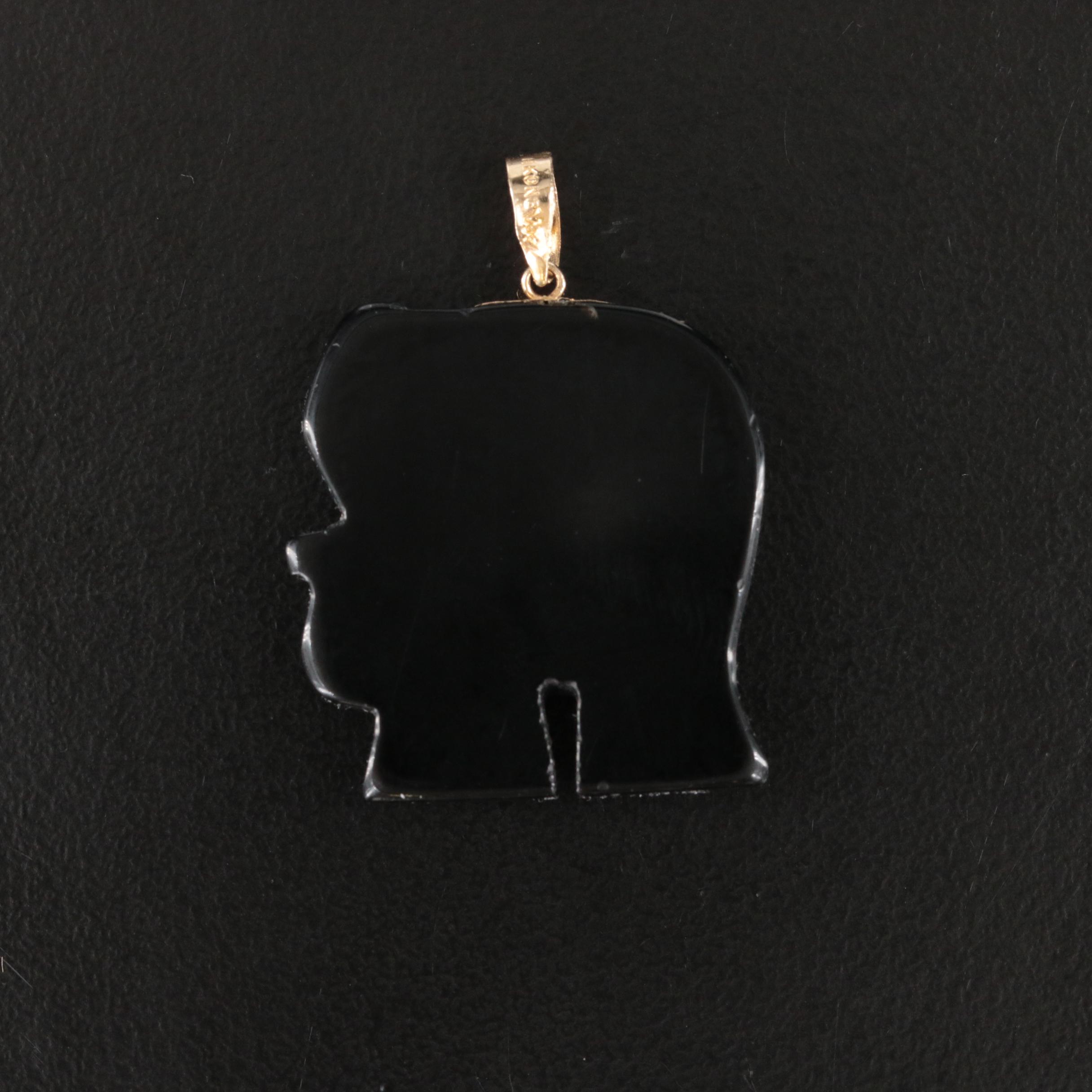 14K Carved Black Onyx Elephant Pendant with Longevity Accent