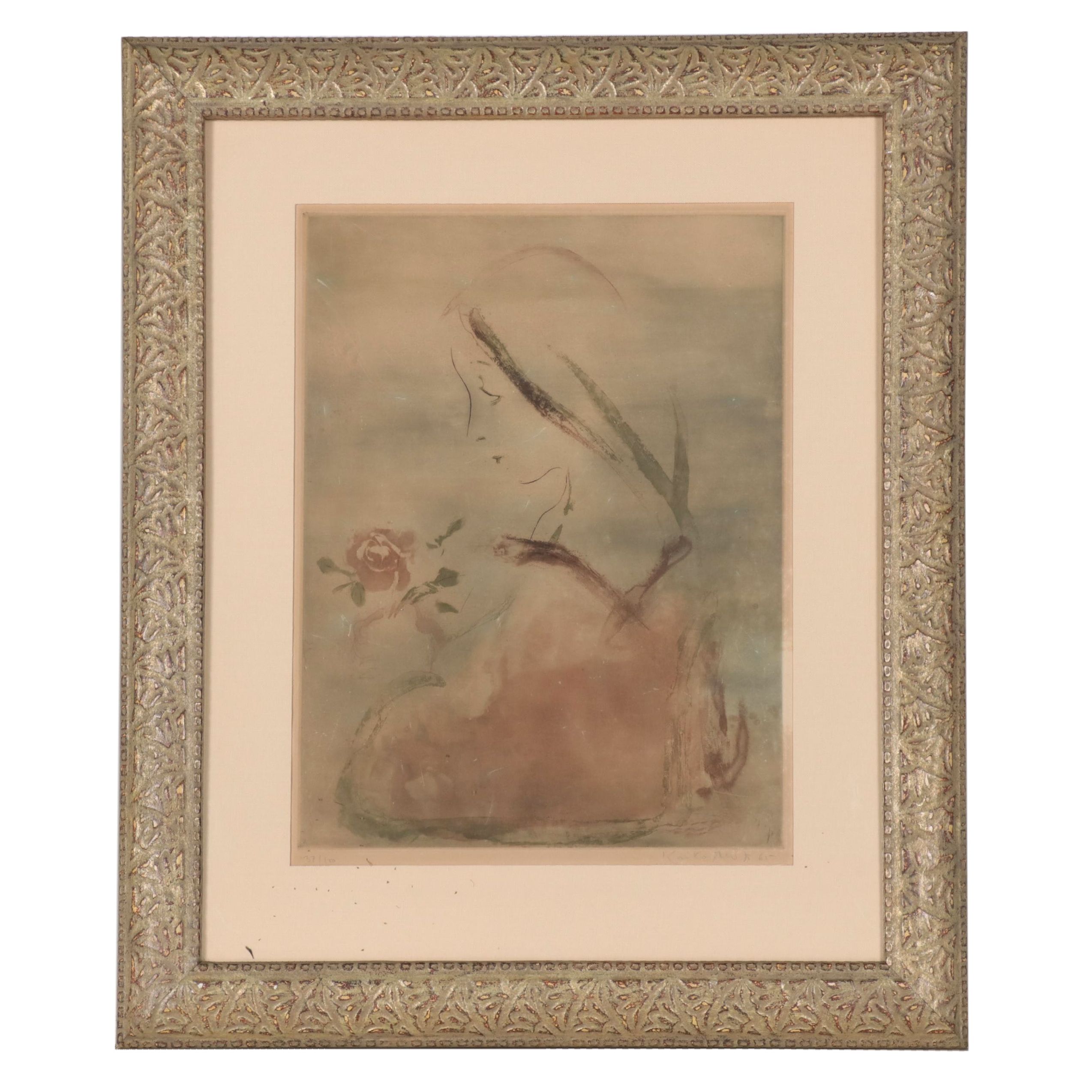 Kaiko Moti Engraving of Woman Holding a Rose, Circa 1970