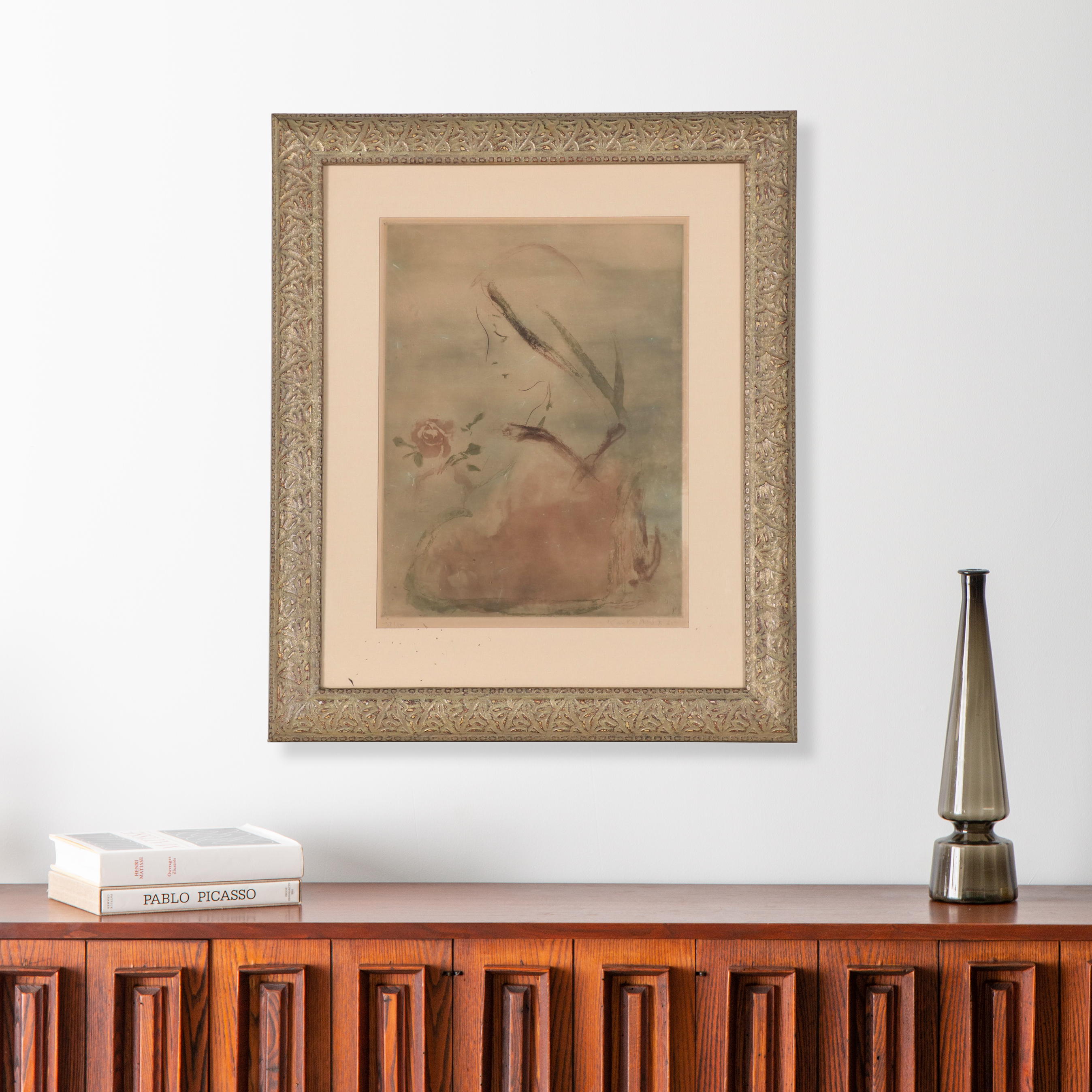 Kaiko Moti Engraving of Woman Holding a Rose, Circa 1970