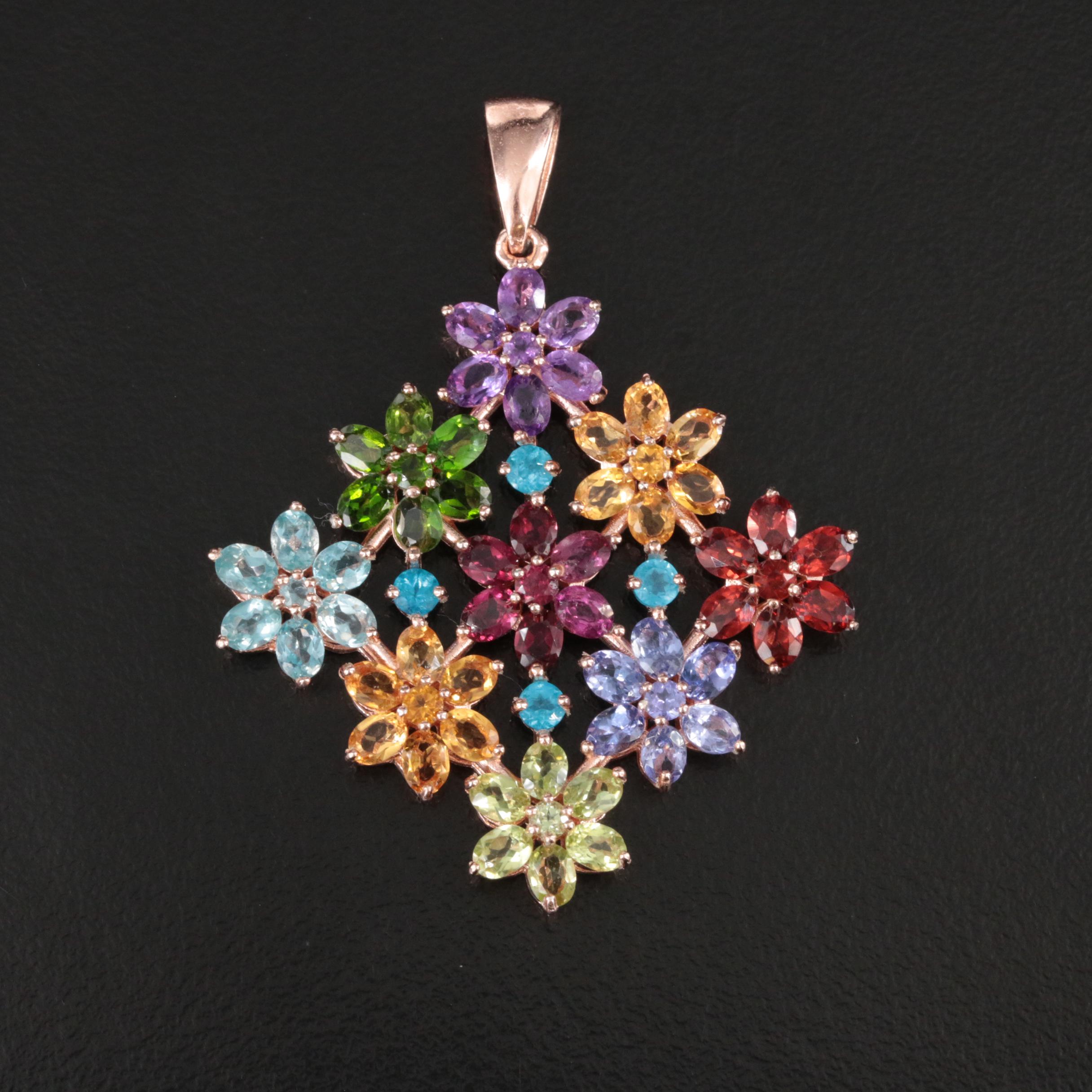 Sterling Rose Tone Amethyst, Citrine and Peridot Flower Pendant