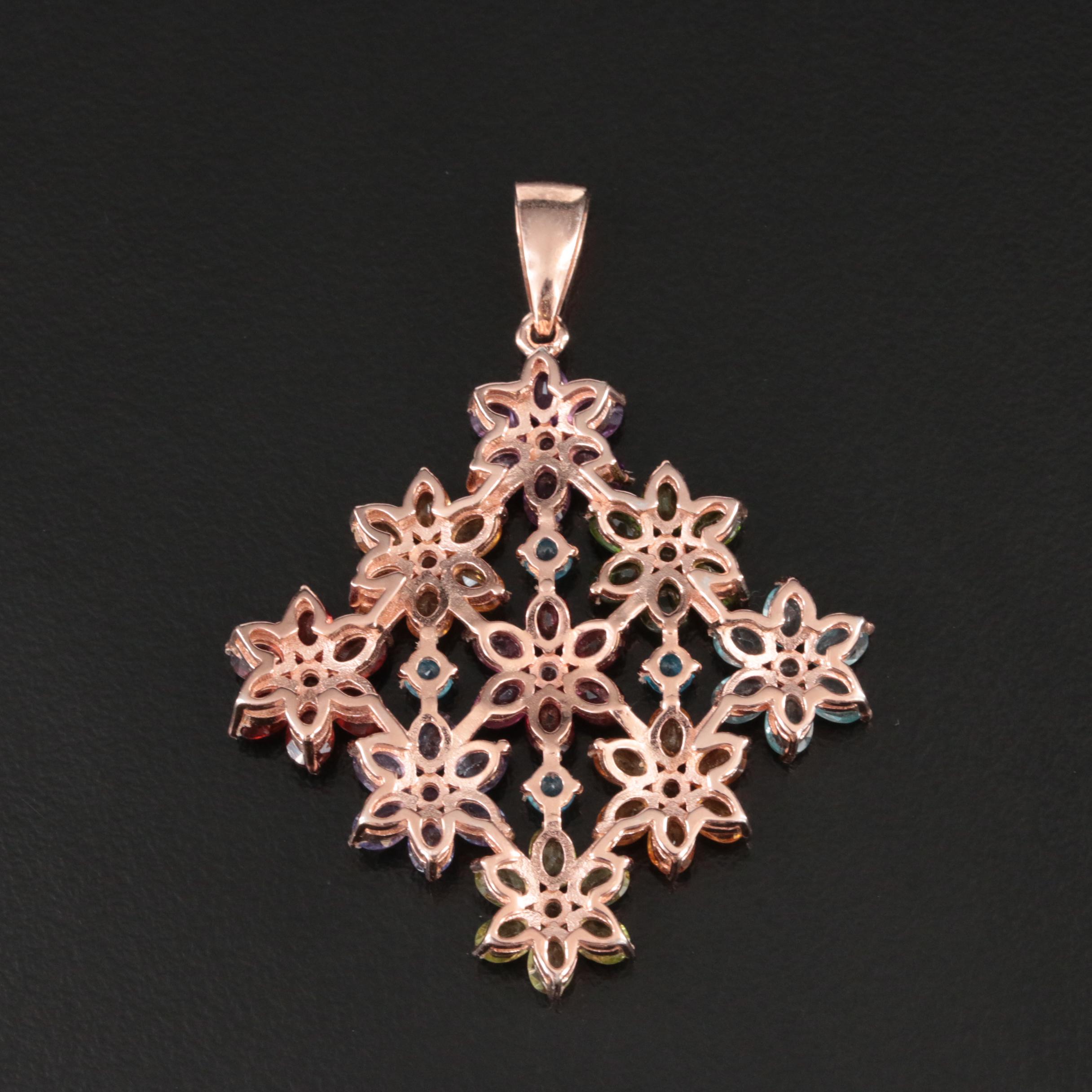 Sterling Rose Tone Amethyst, Citrine and Peridot Flower Pendant