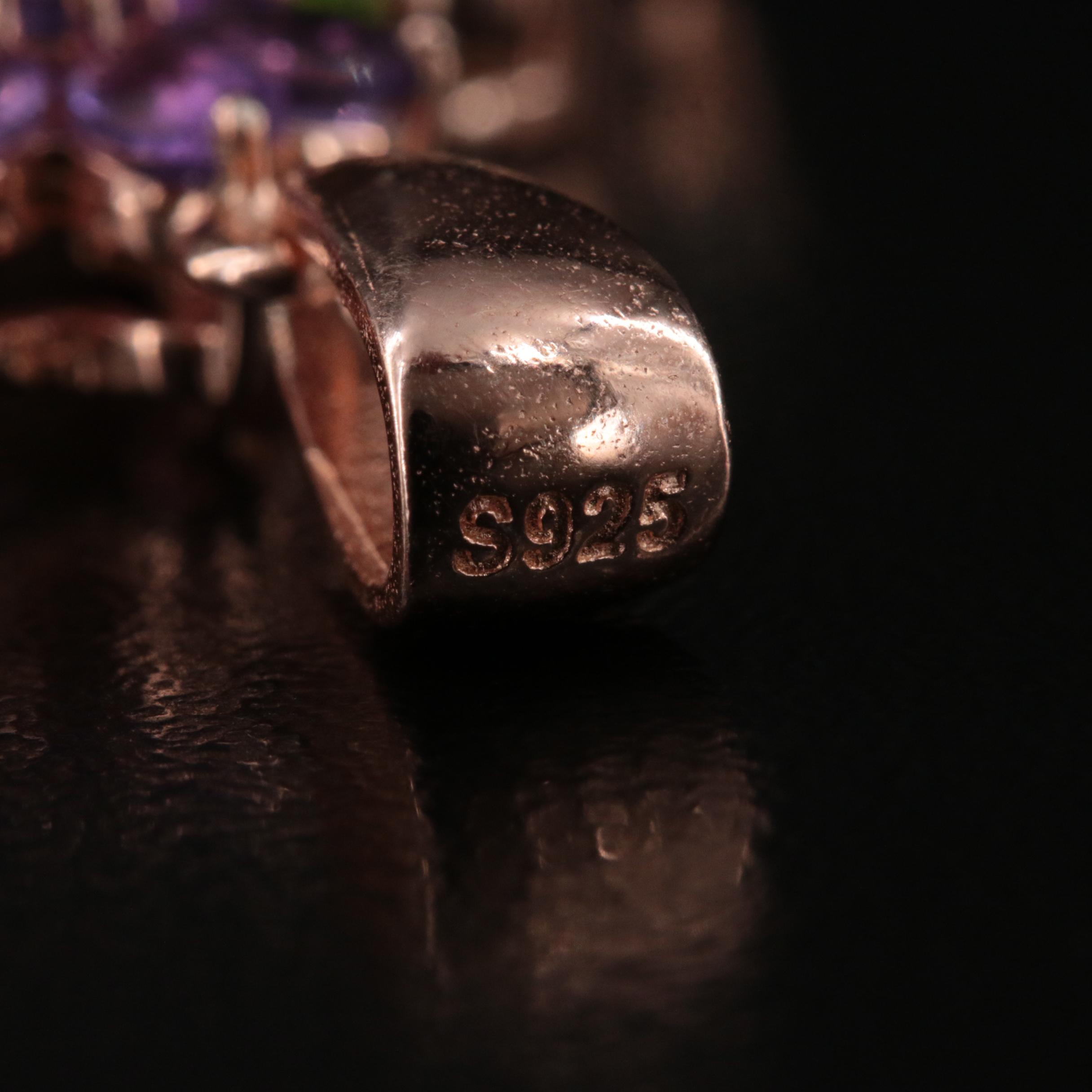 Sterling Rose Tone Amethyst, Citrine and Peridot Flower Pendant