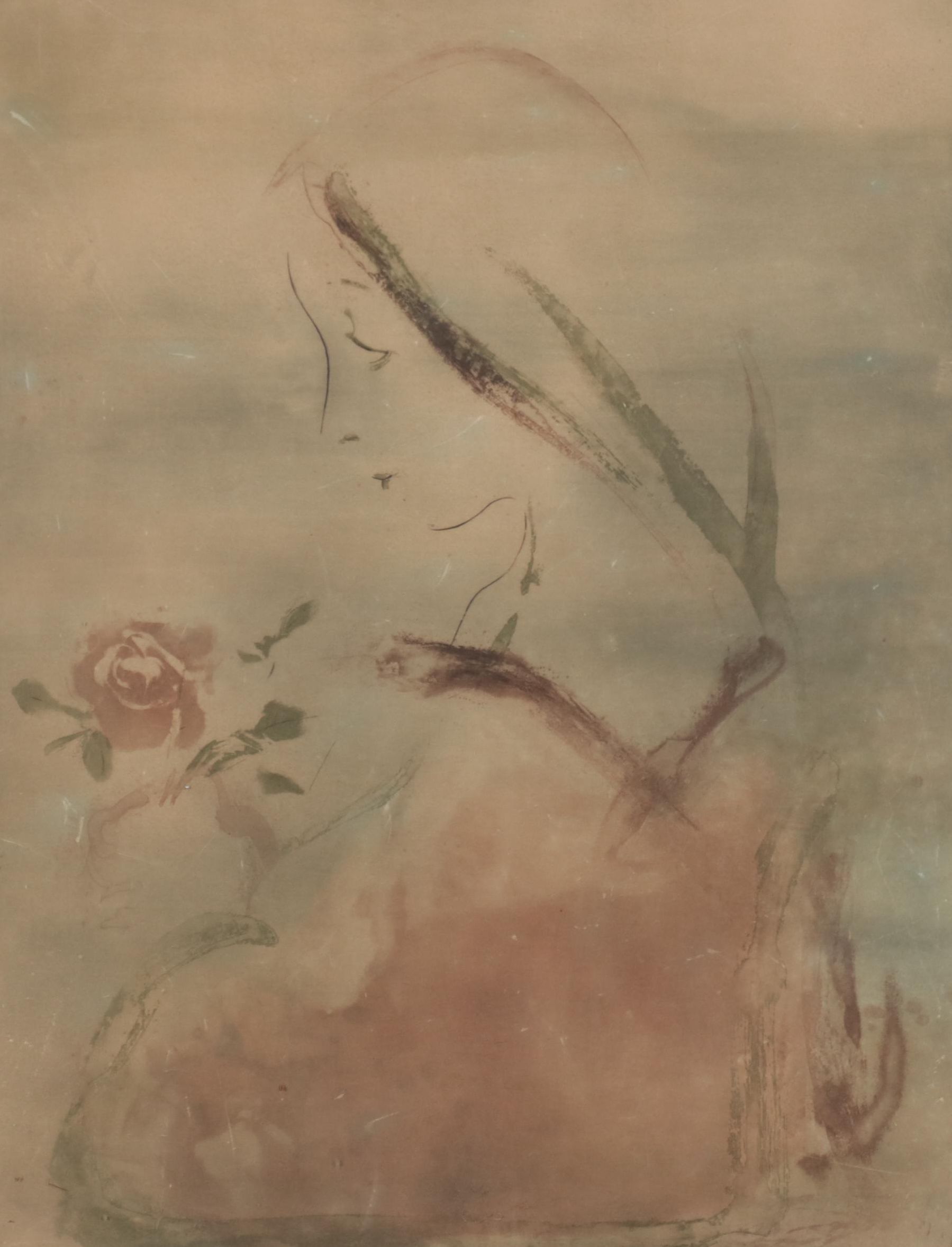 Kaiko Moti Engraving of Woman Holding a Rose, Circa 1970