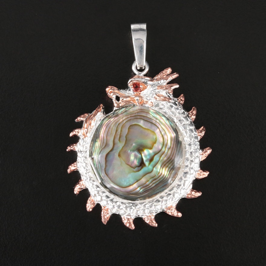 Sterling Two-Tone Abalone Dragon Pendant with a Citrine Eye Accent