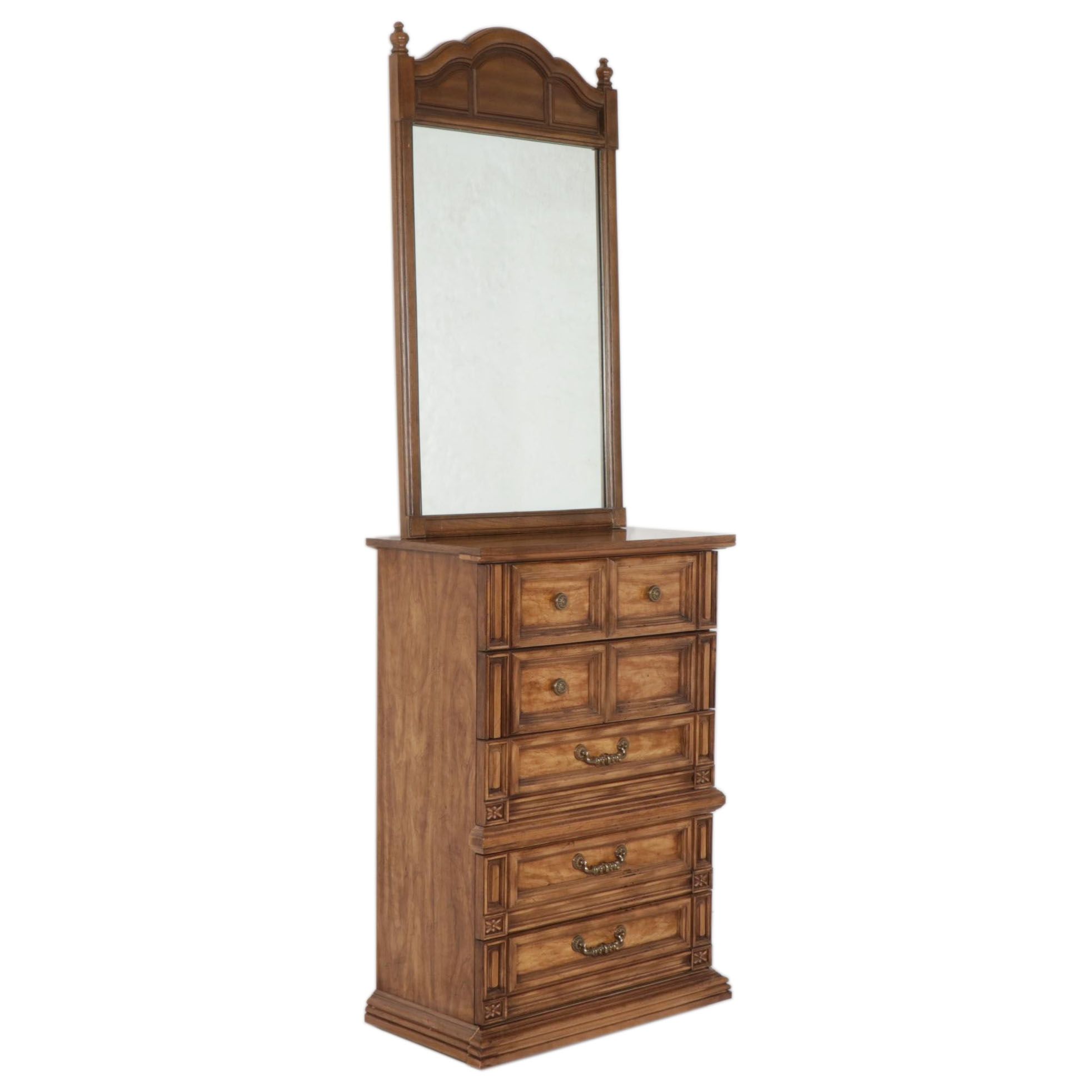 Spanish Baroque Style Fruitwood-Finished 5-Drawer Chest with Wall Mirror, 1970s