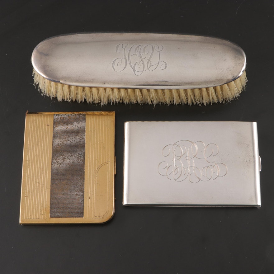 Sterling Silver and Gold Toned Metal Cigarette Cases with Sterling Backed Brush