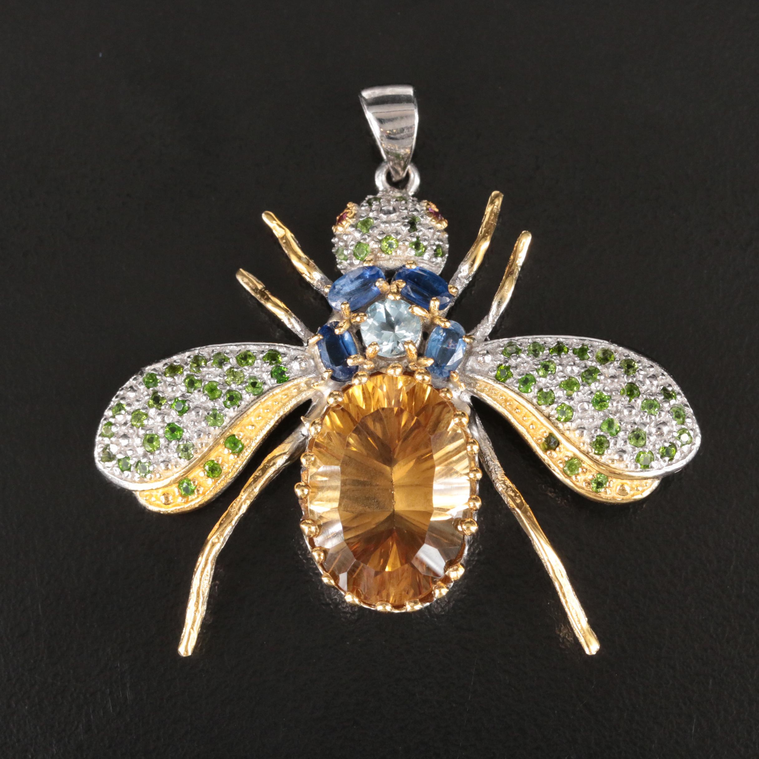 Sterling Two-Tone Gemstone Insect Pendant