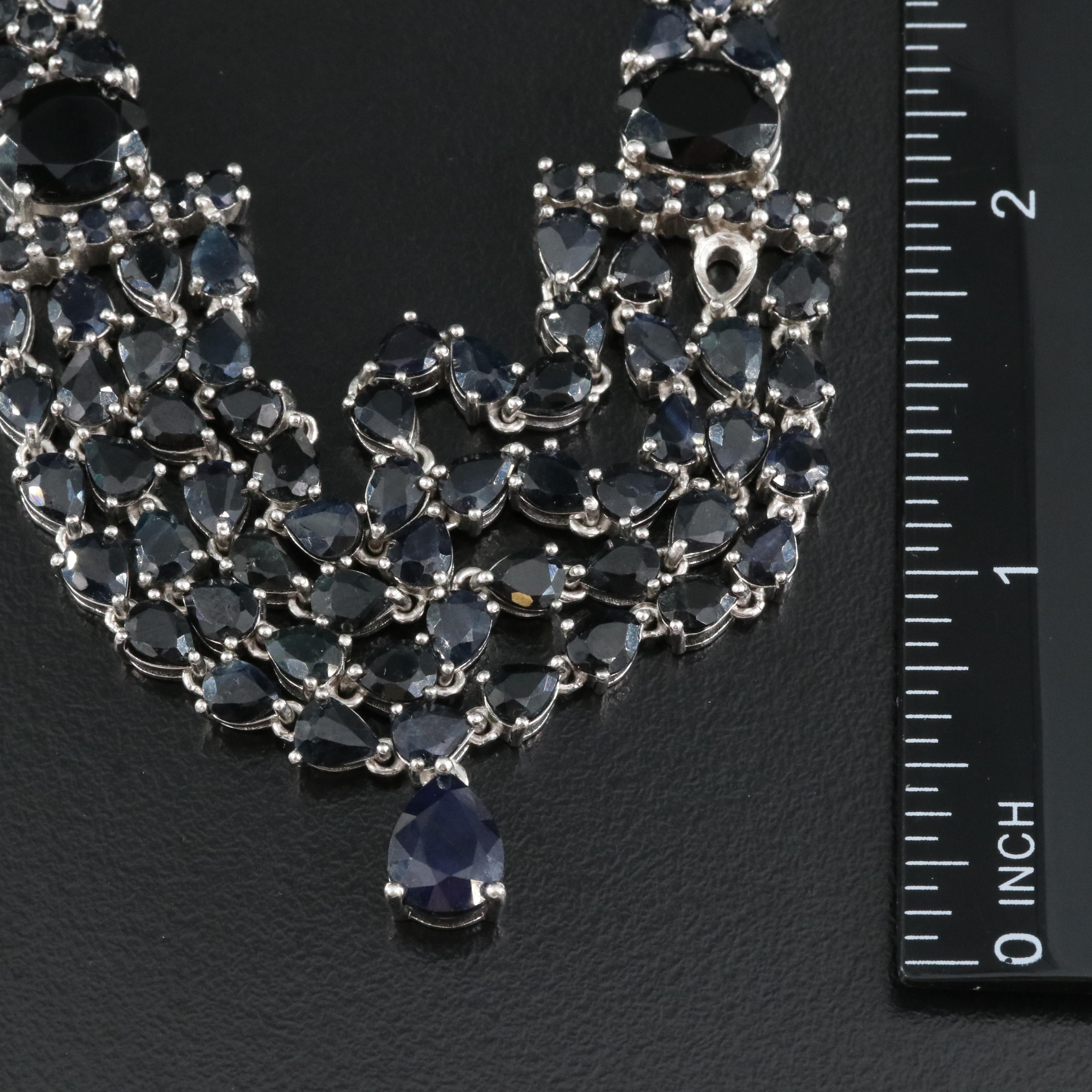 Sterling Sapphire, Black Onyx and Cubic Zirconia Necklace