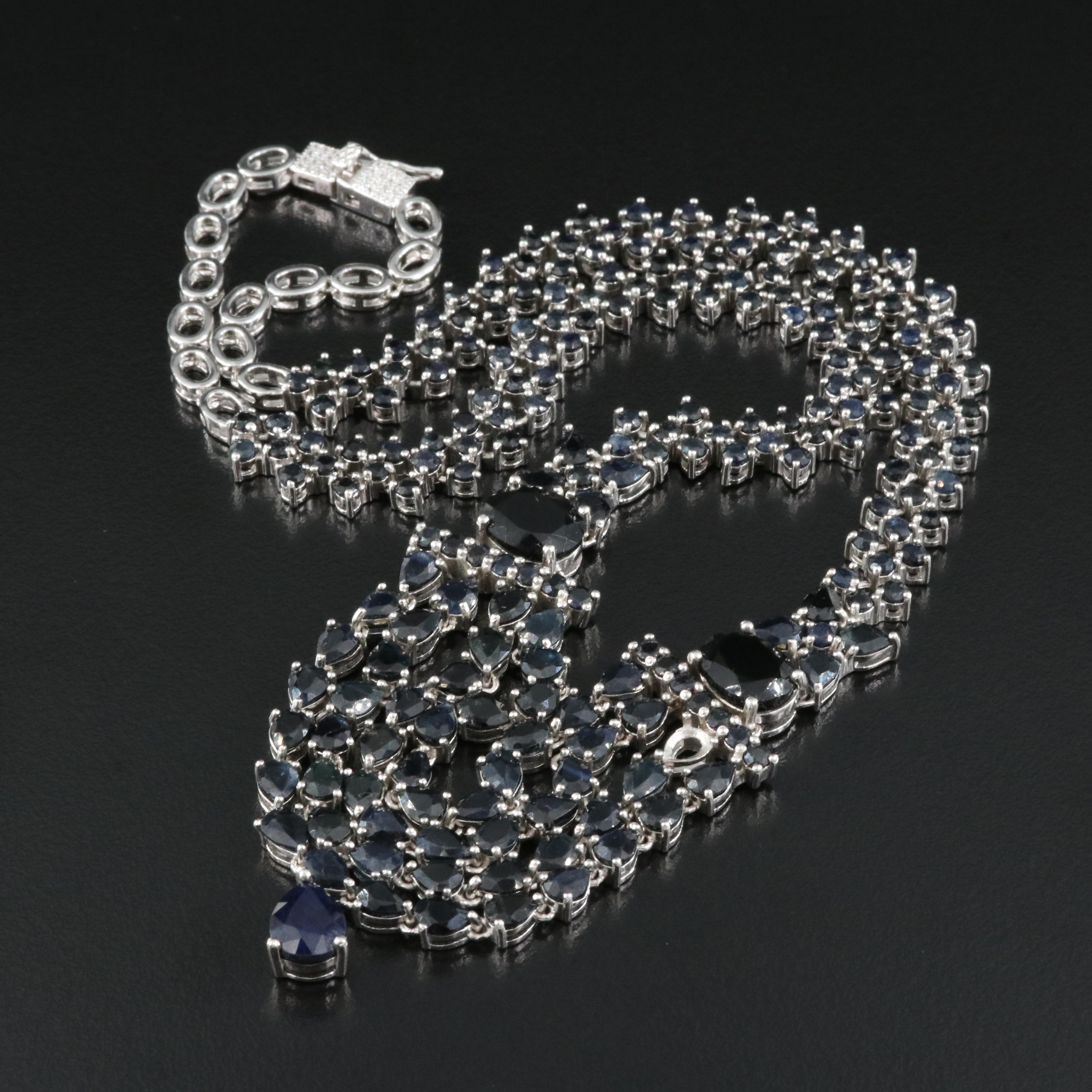Sterling Sapphire, Black Onyx and Cubic Zirconia Necklace