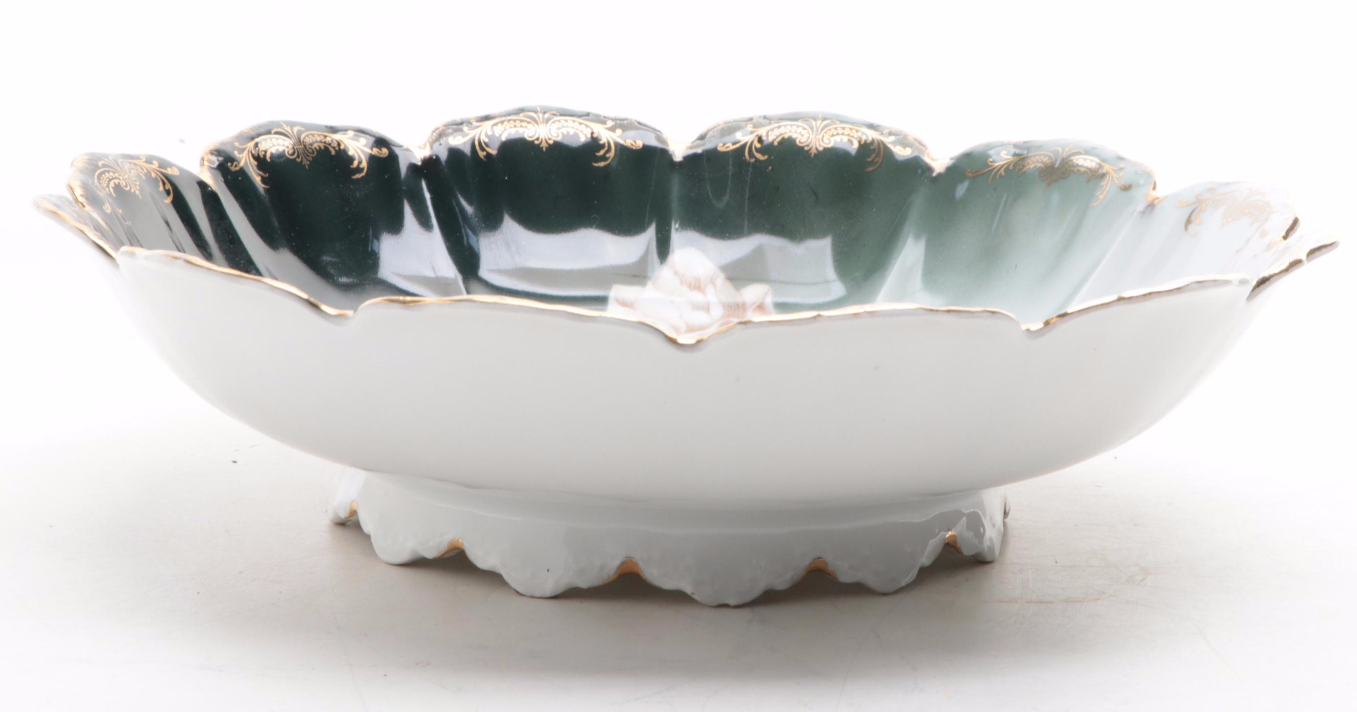 Rosenthal Porcelain Scalloped Green with Pink Roses Decorative Bowl, 1891-1906