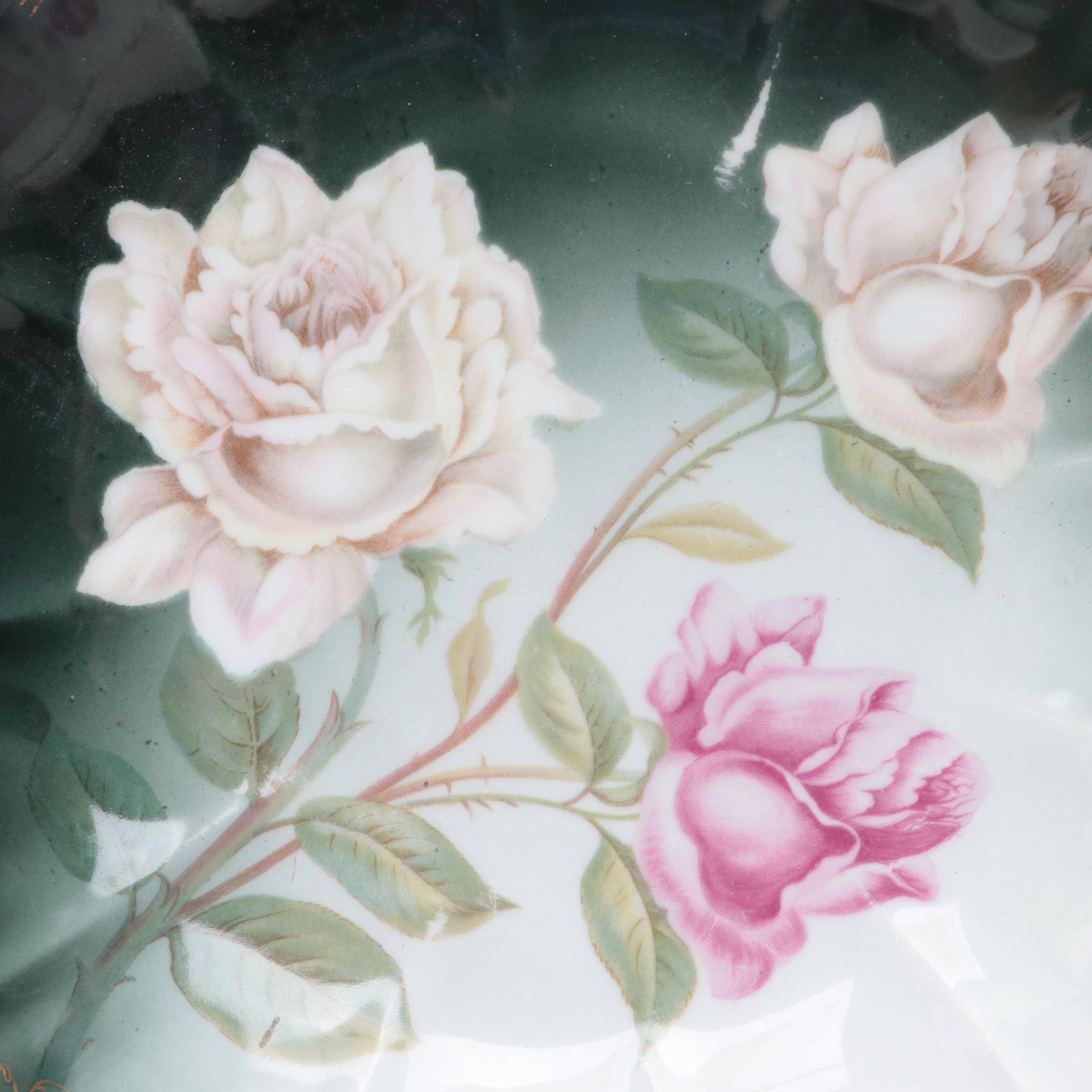 Rosenthal Porcelain Scalloped Green with Pink Roses Decorative Bowl, 1891-1906