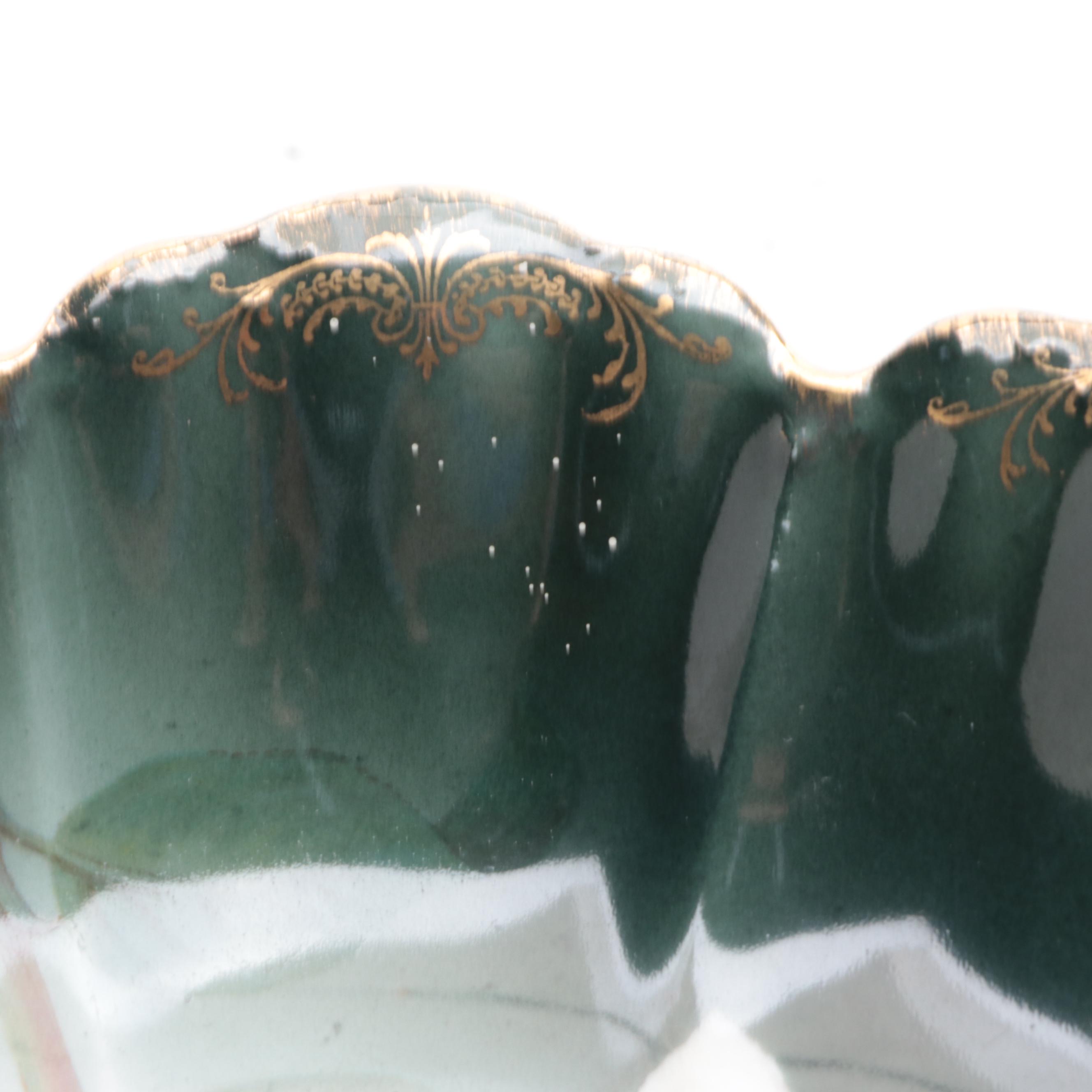 Rosenthal Porcelain Scalloped Green with Pink Roses Decorative Bowl, 1891-1906