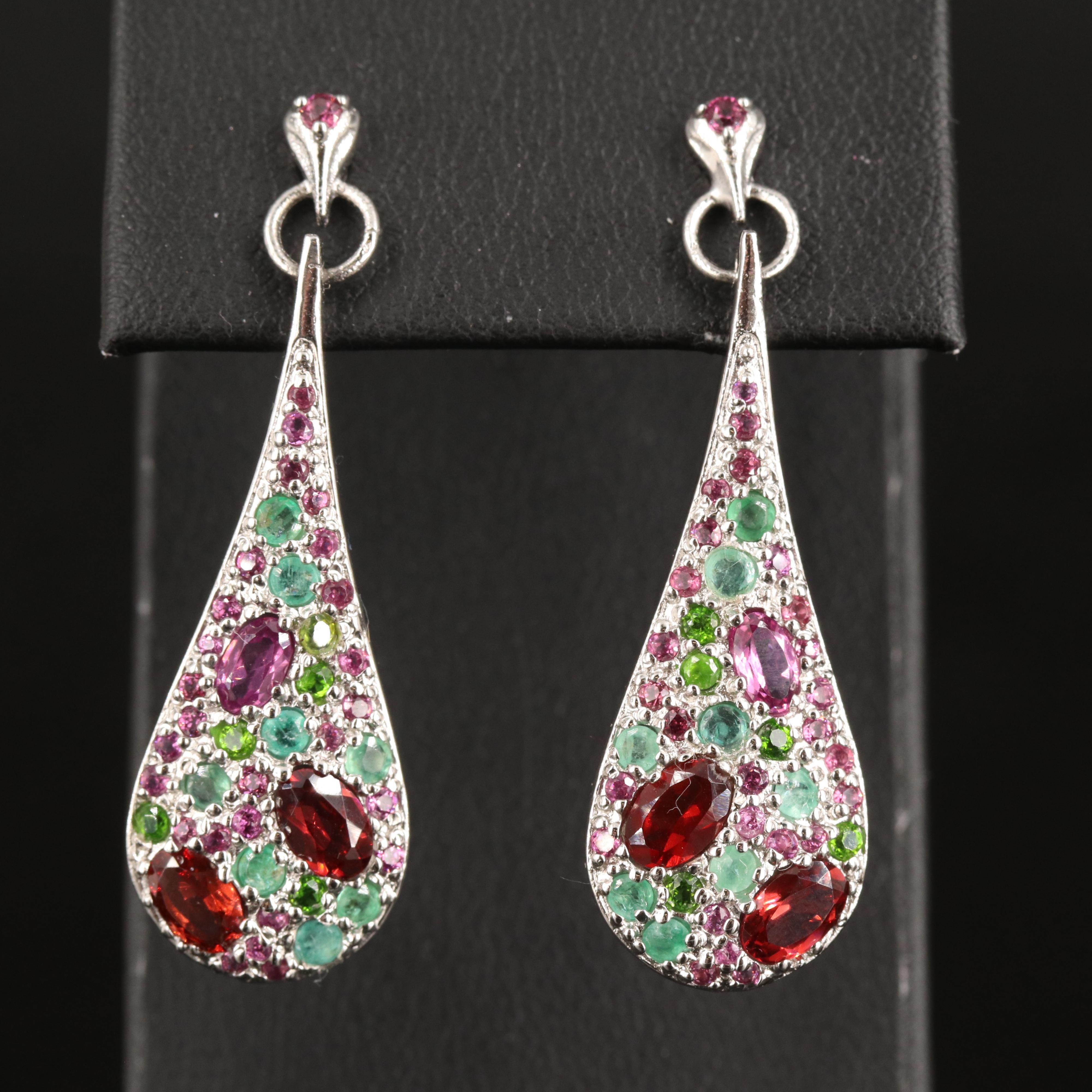 Sterling Garnet. Diopside and Emerald Teardrop Earrings