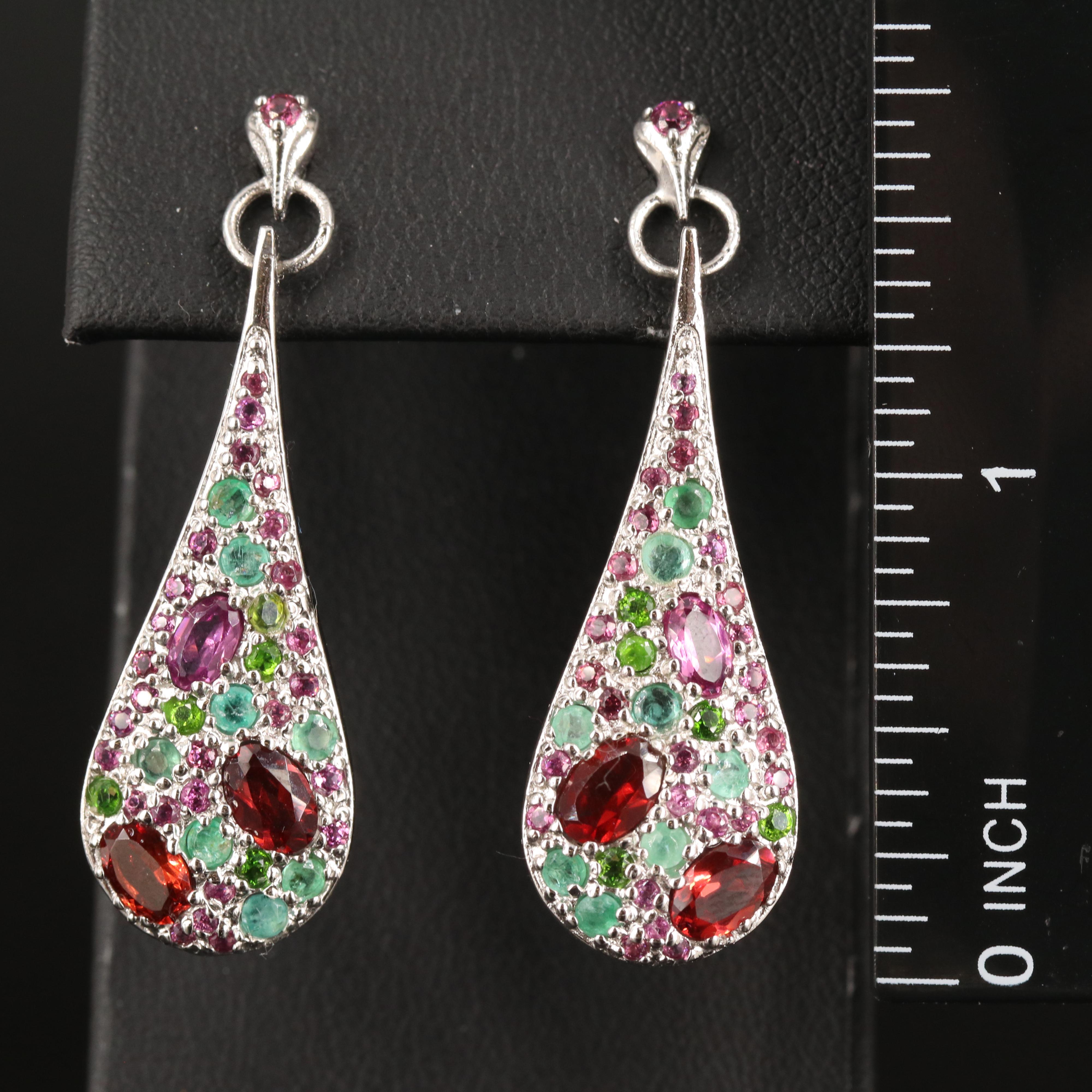 Sterling Garnet. Diopside and Emerald Teardrop Earrings