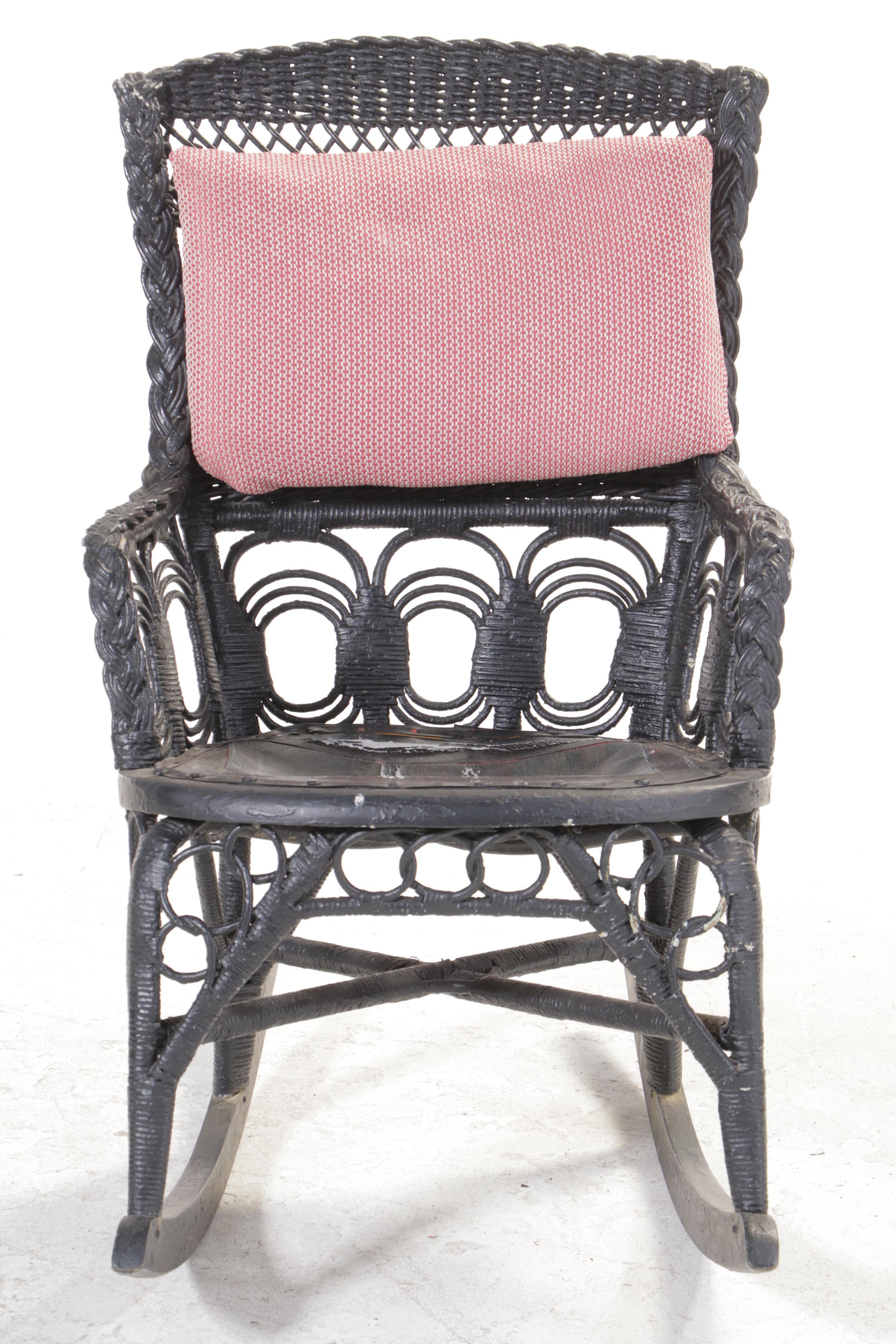 Late Victorian Black-Painted Wicker Rocker, Late 19th/Early 20th Century