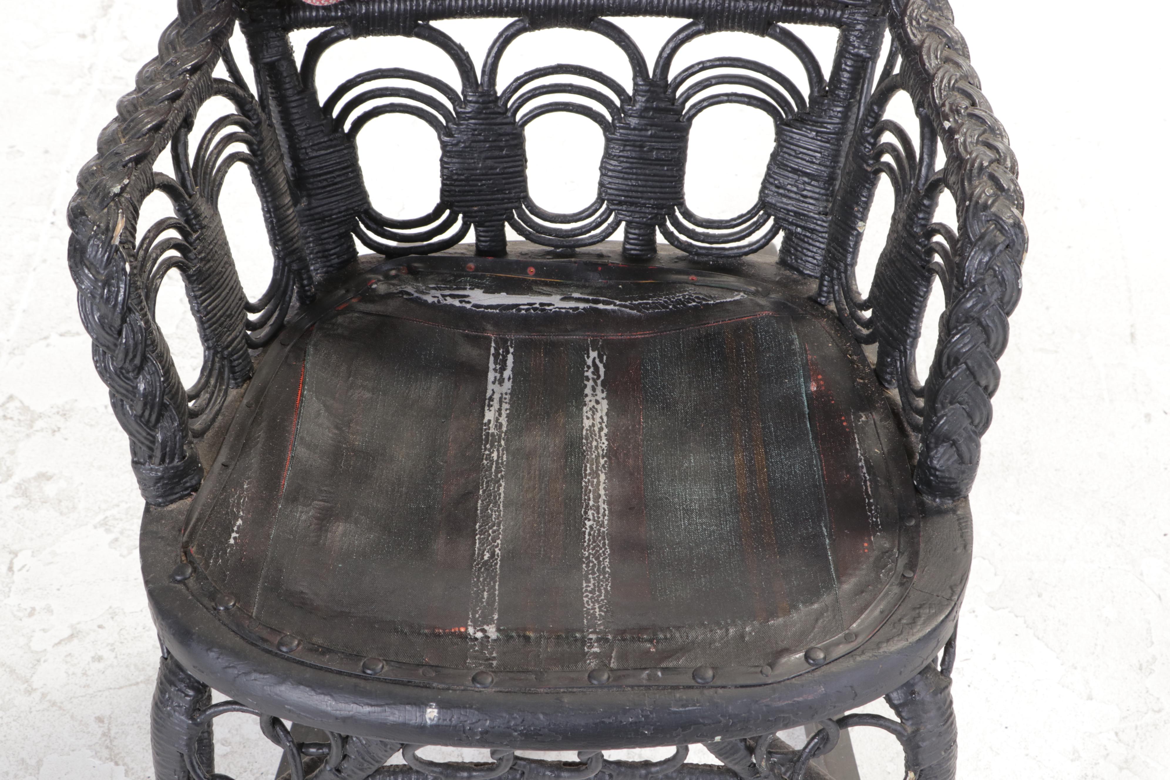 Late Victorian Black-Painted Wicker Rocker, Late 19th/Early 20th Century