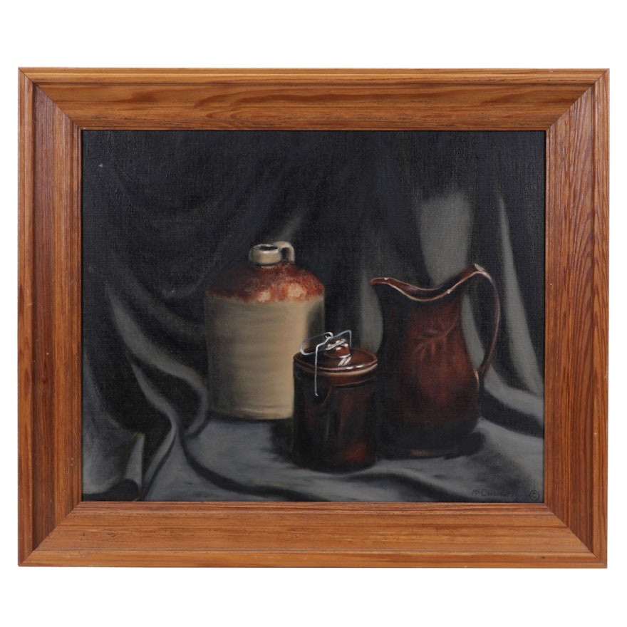 Still Life Oil Painting "Stone Ware," Late 20th Century