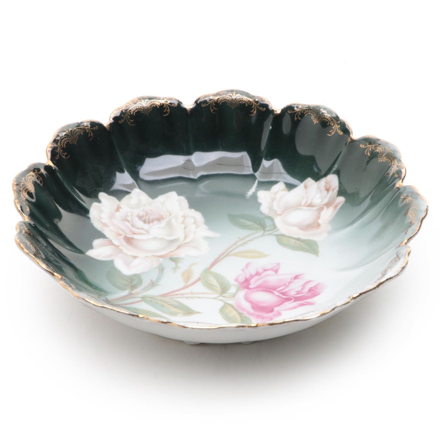 Rosenthal Porcelain Scalloped Green with Pink Roses Decorative Bowl, 1891-1906