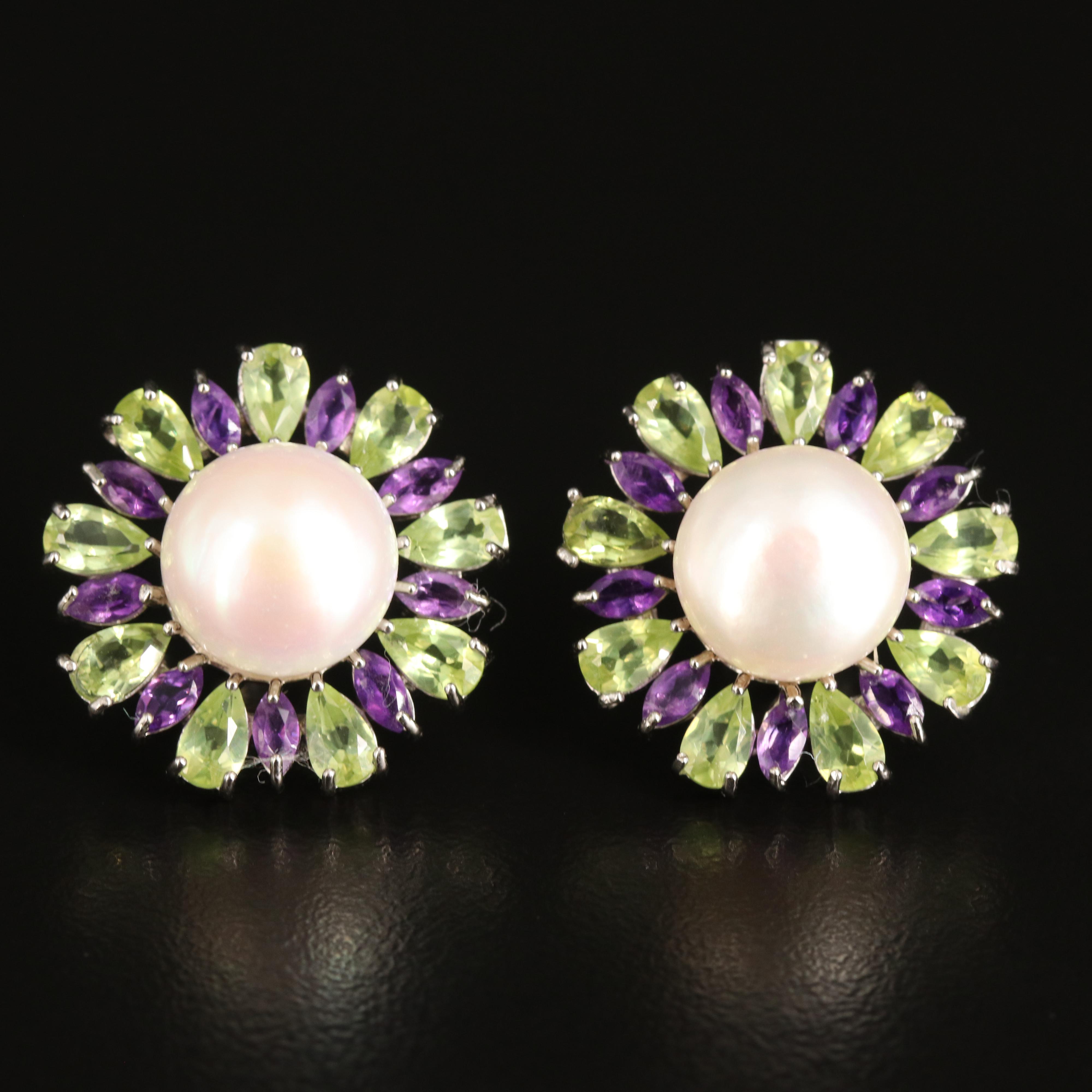 Sterling Button Pearl, Peridot and Amethyst Earrings