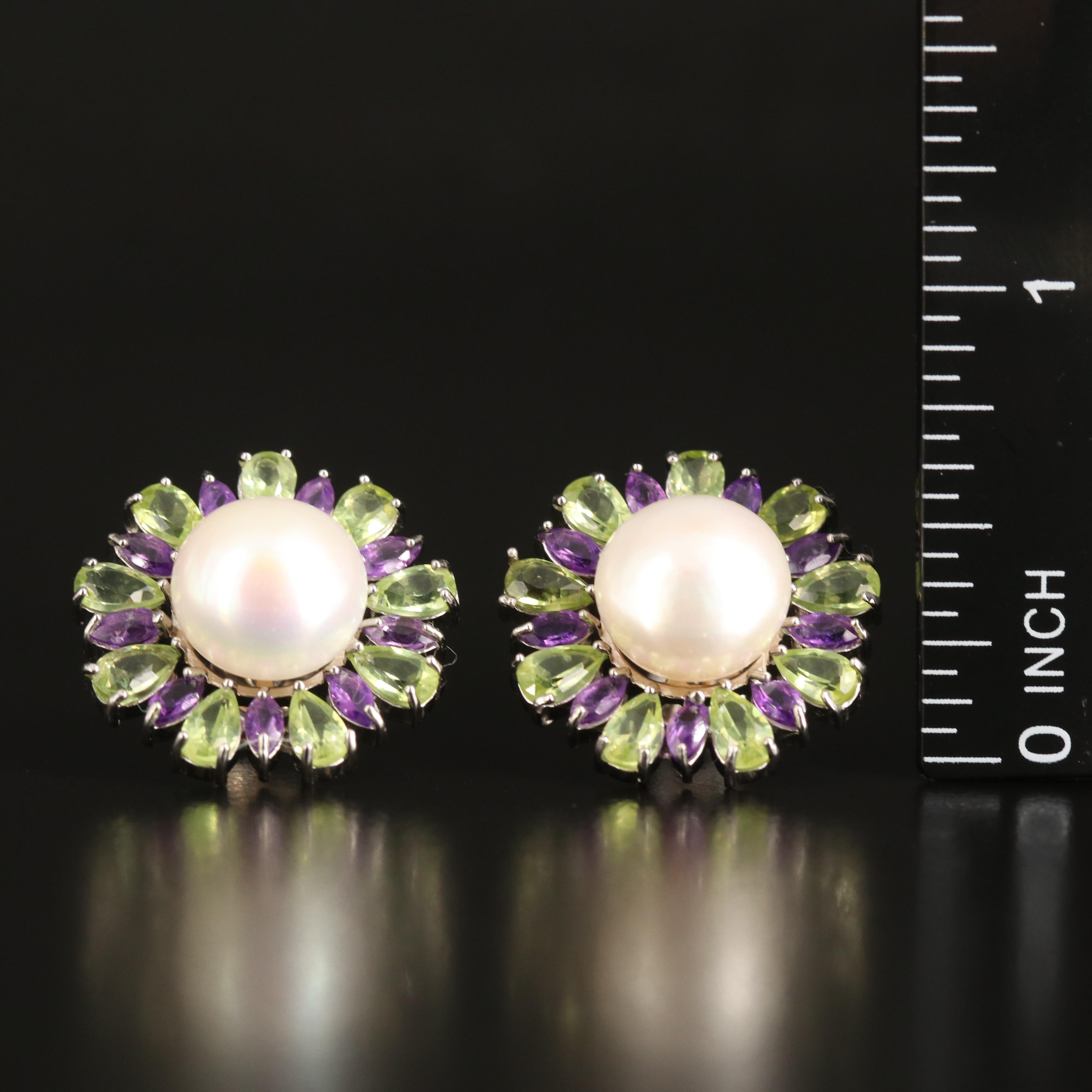 Sterling Button Pearl, Peridot and Amethyst Earrings