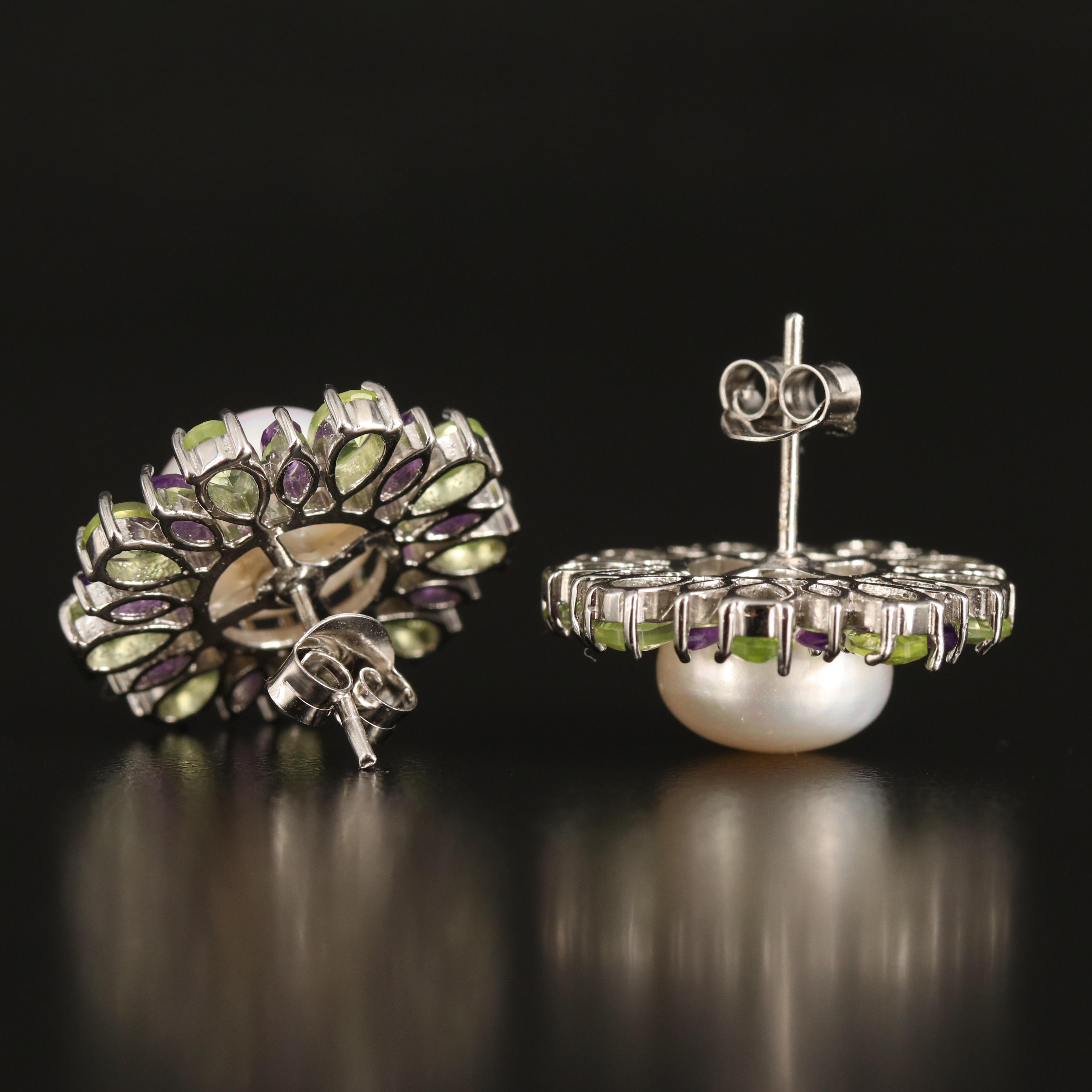 Sterling Button Pearl, Peridot and Amethyst Earrings
