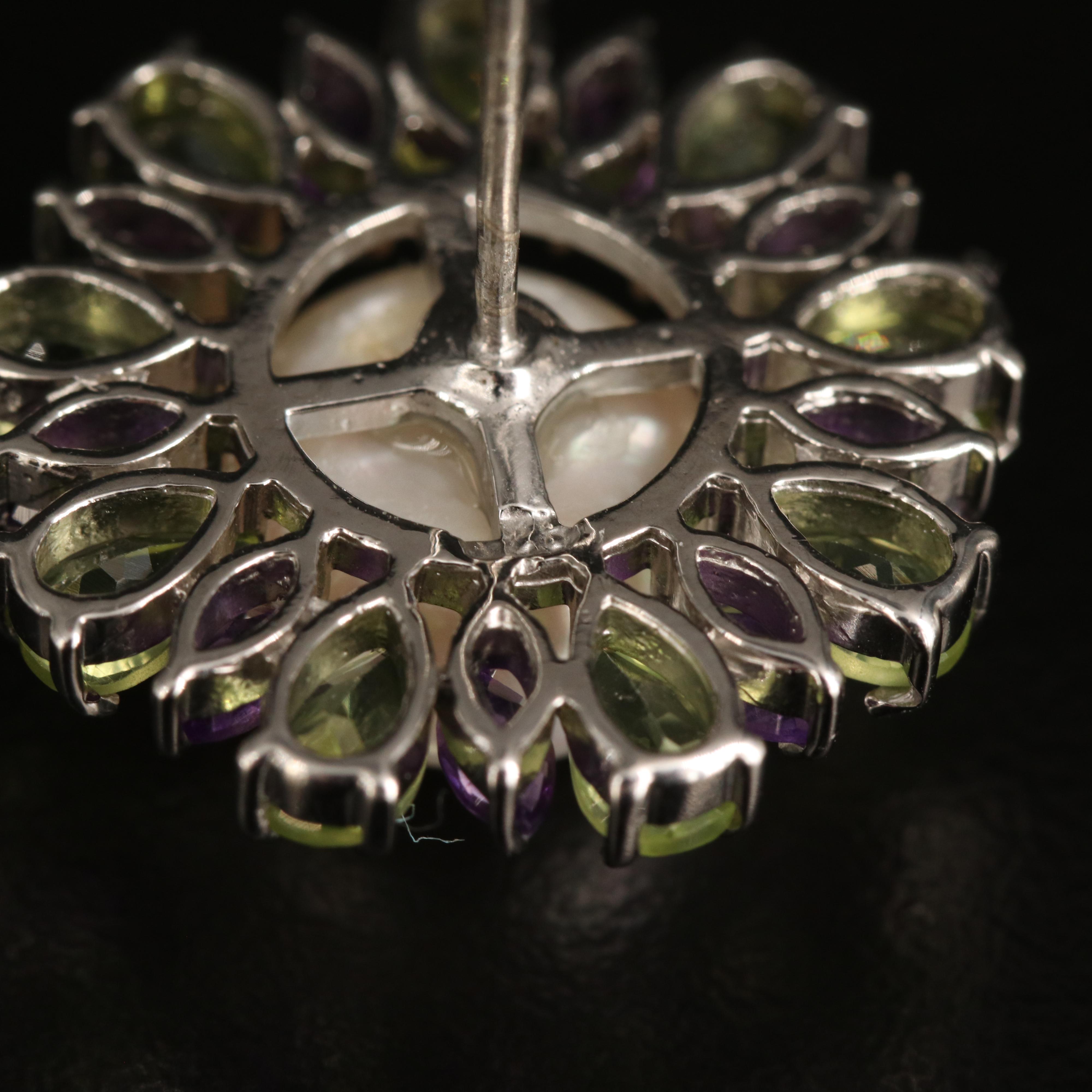 Sterling Button Pearl, Peridot and Amethyst Earrings