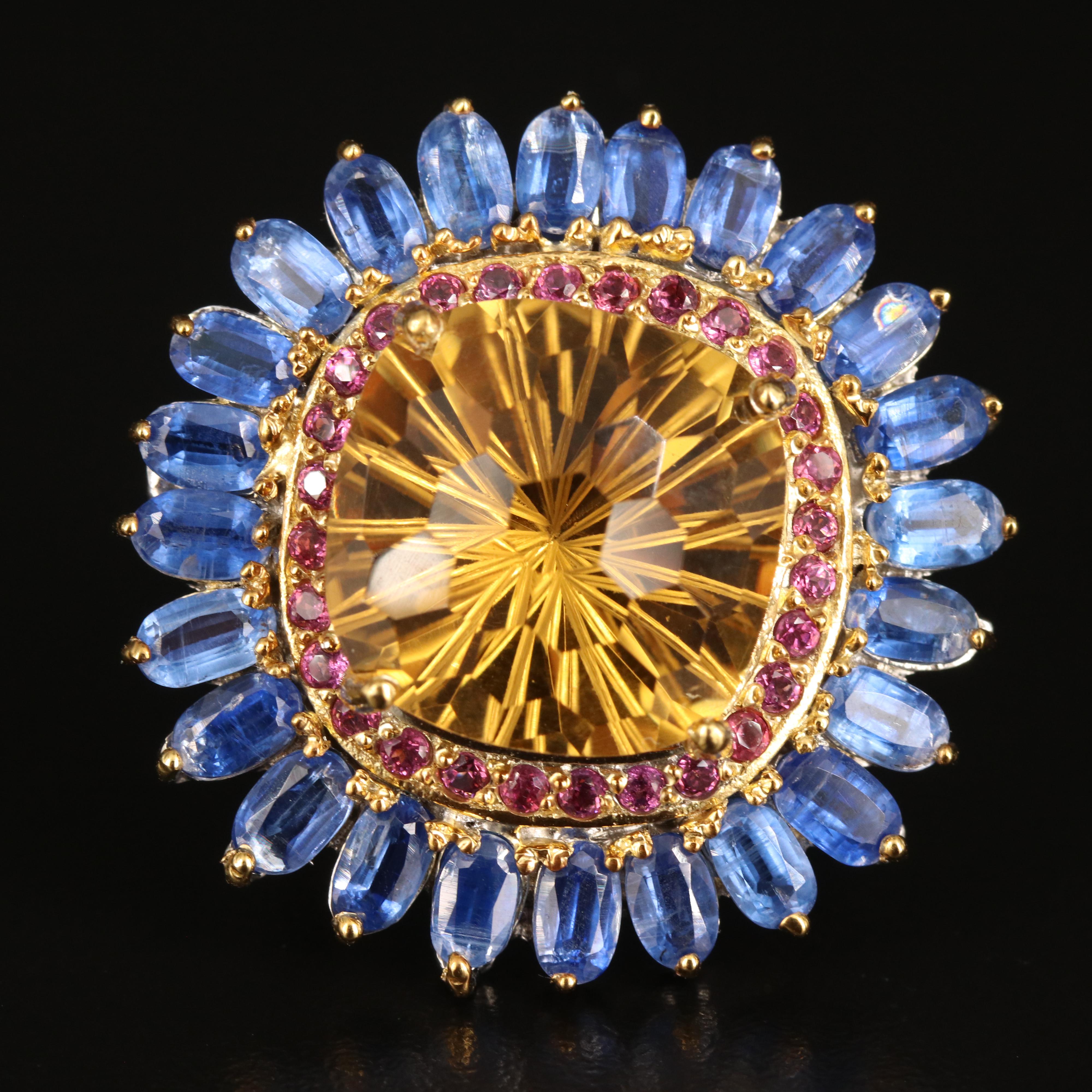 Sterling Citrine, Rhodolite Garnet and Kyanite Cocktail Ring