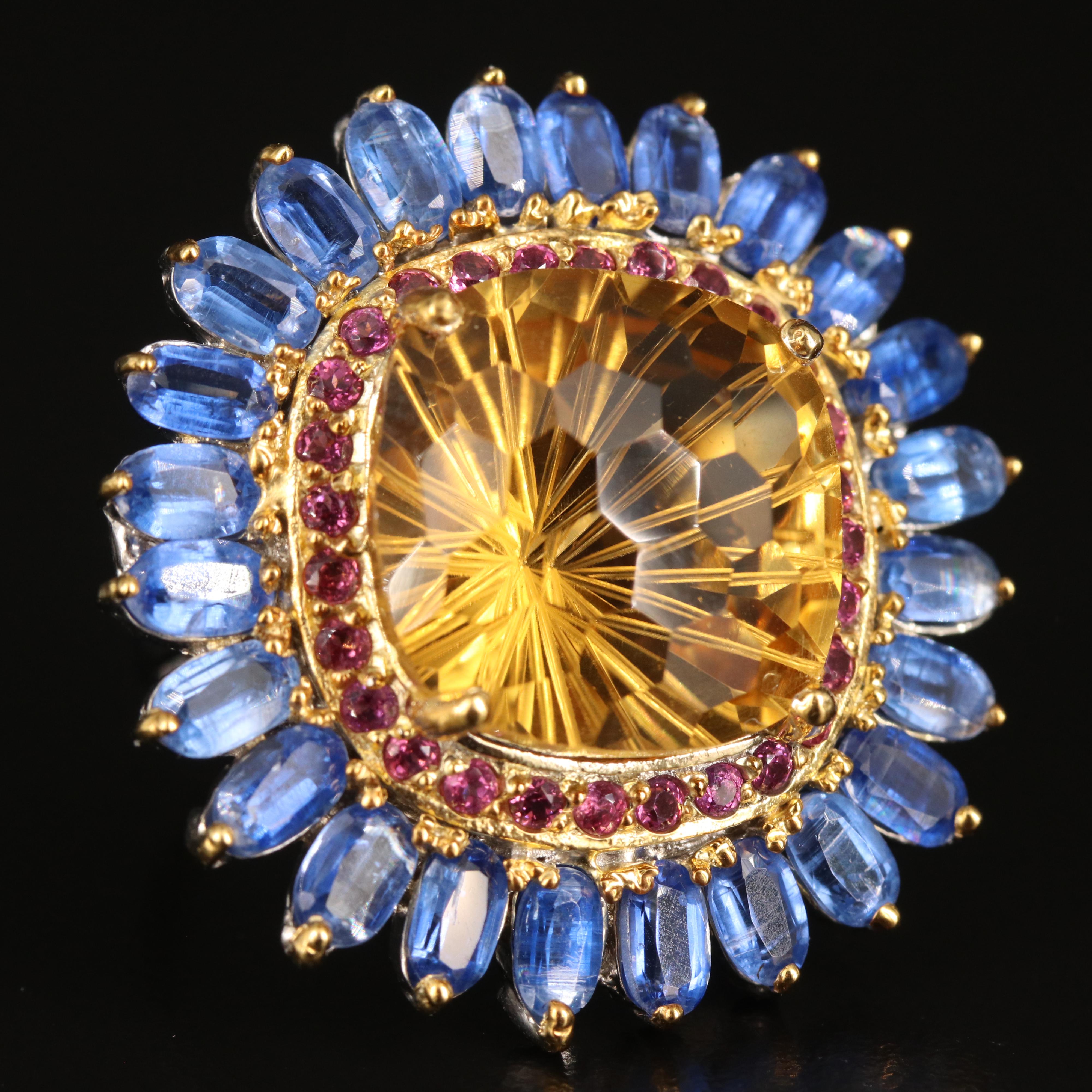 Sterling Citrine, Rhodolite Garnet and Kyanite Cocktail Ring