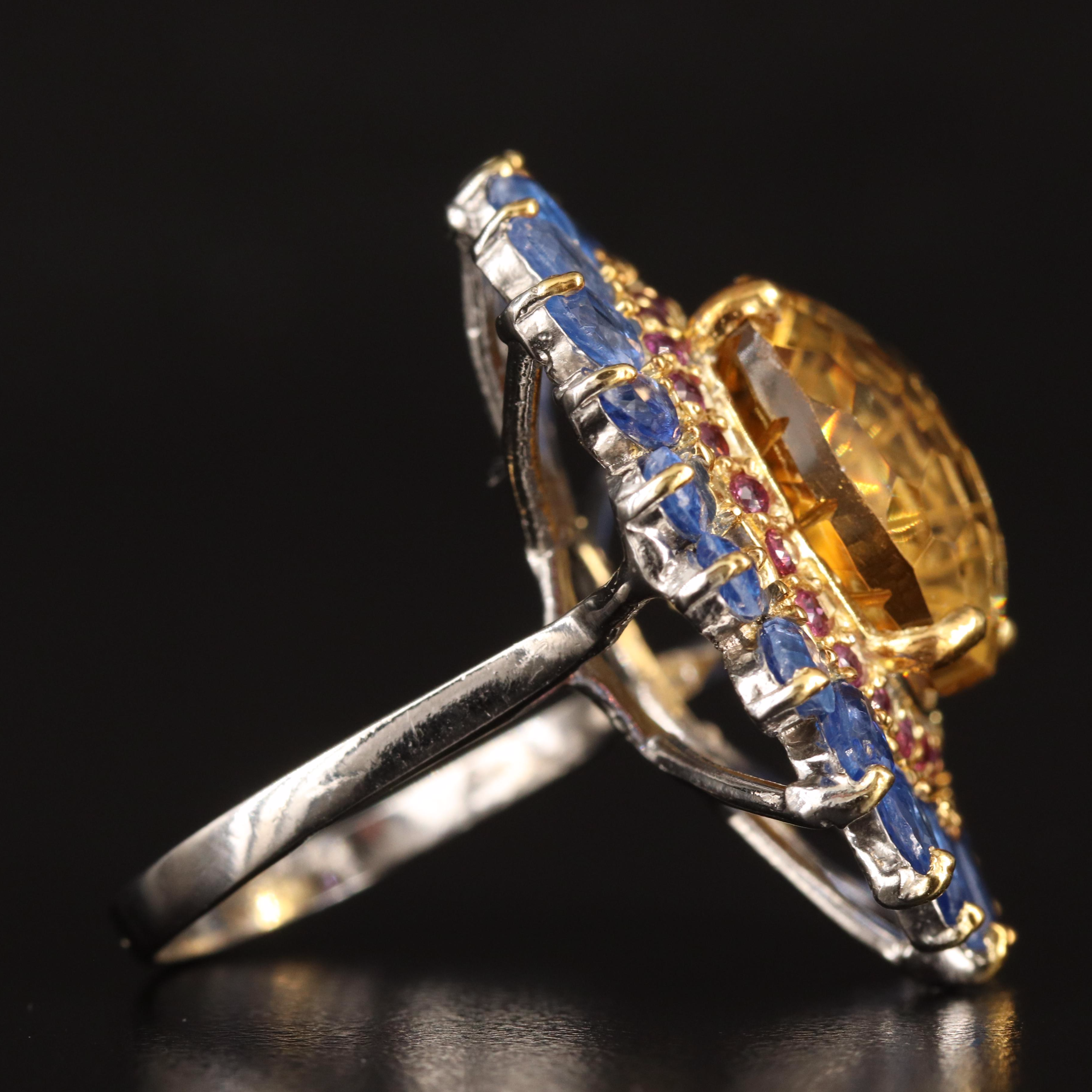 Sterling Citrine, Rhodolite Garnet and Kyanite Cocktail Ring