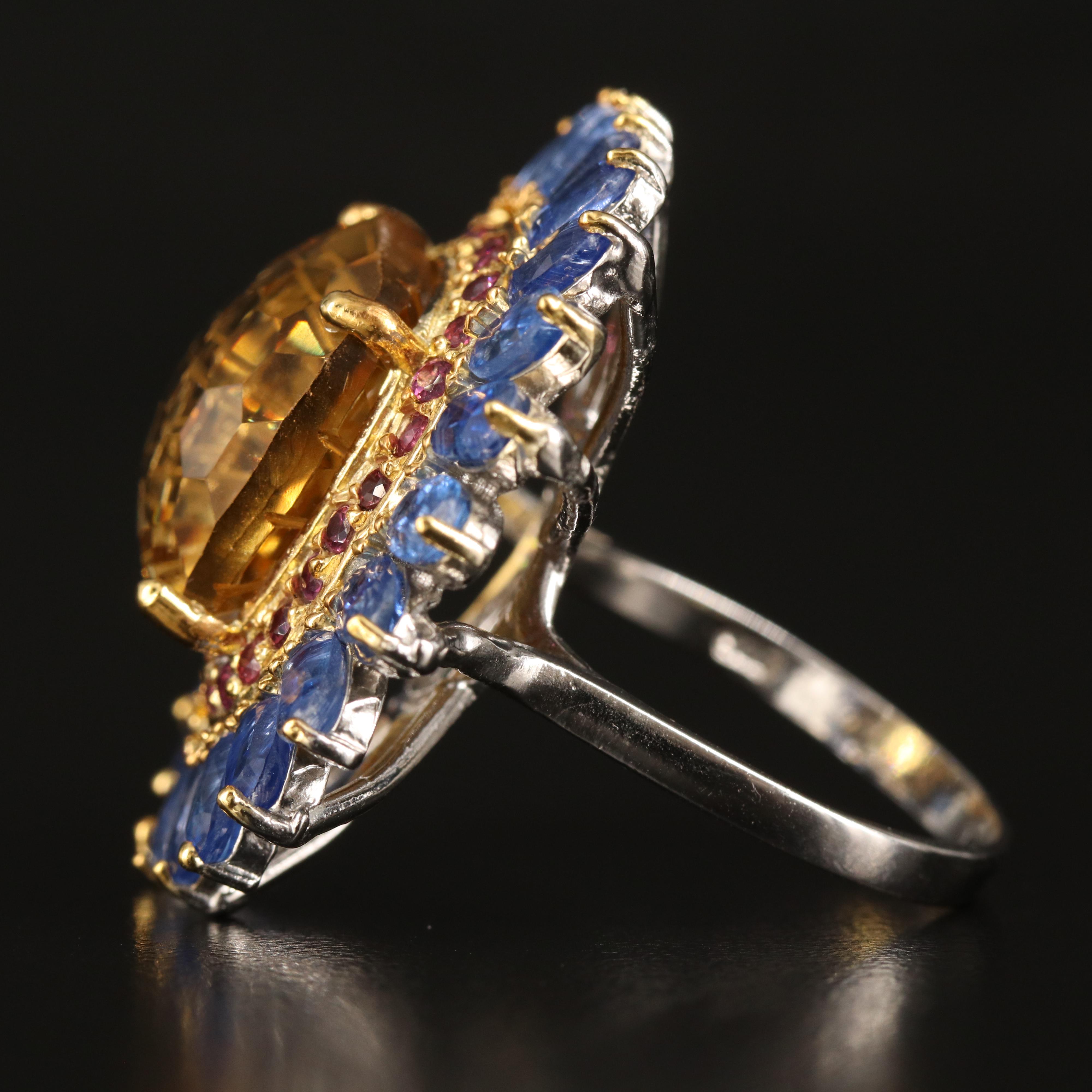 Sterling Citrine, Rhodolite Garnet and Kyanite Cocktail Ring
