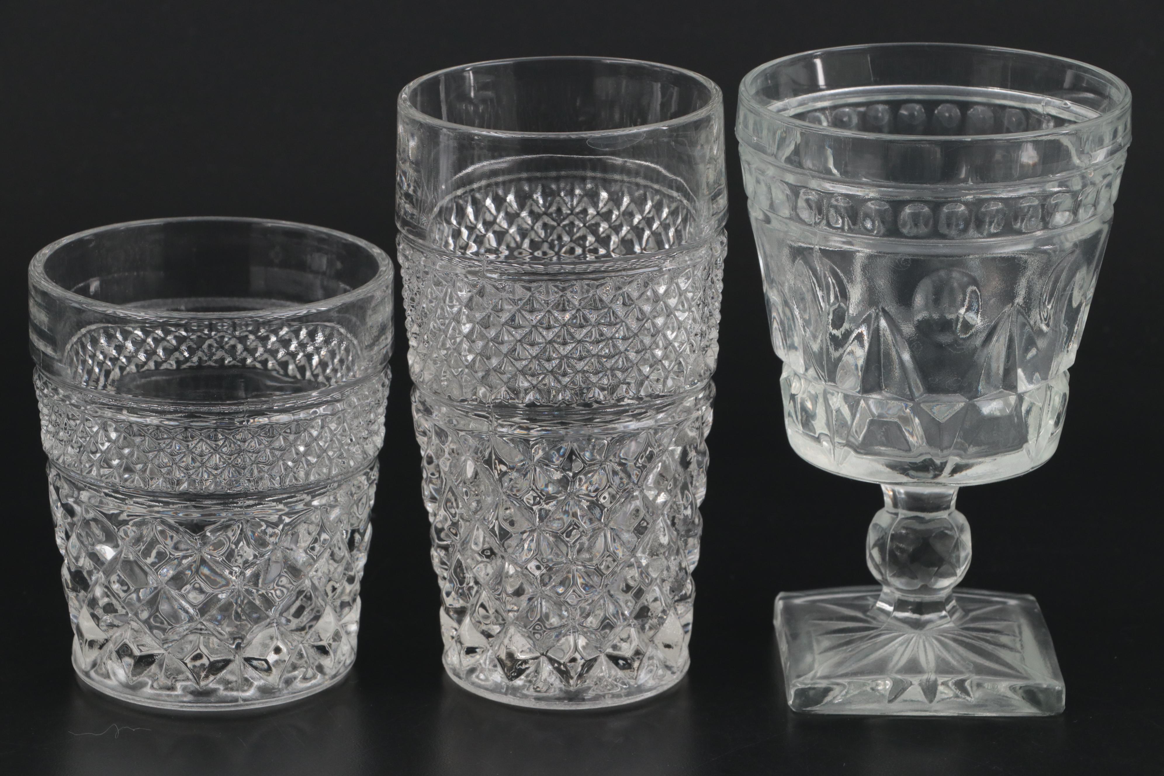 Pressed Glass Stemware and Cocktail Glasses with Serving Dish