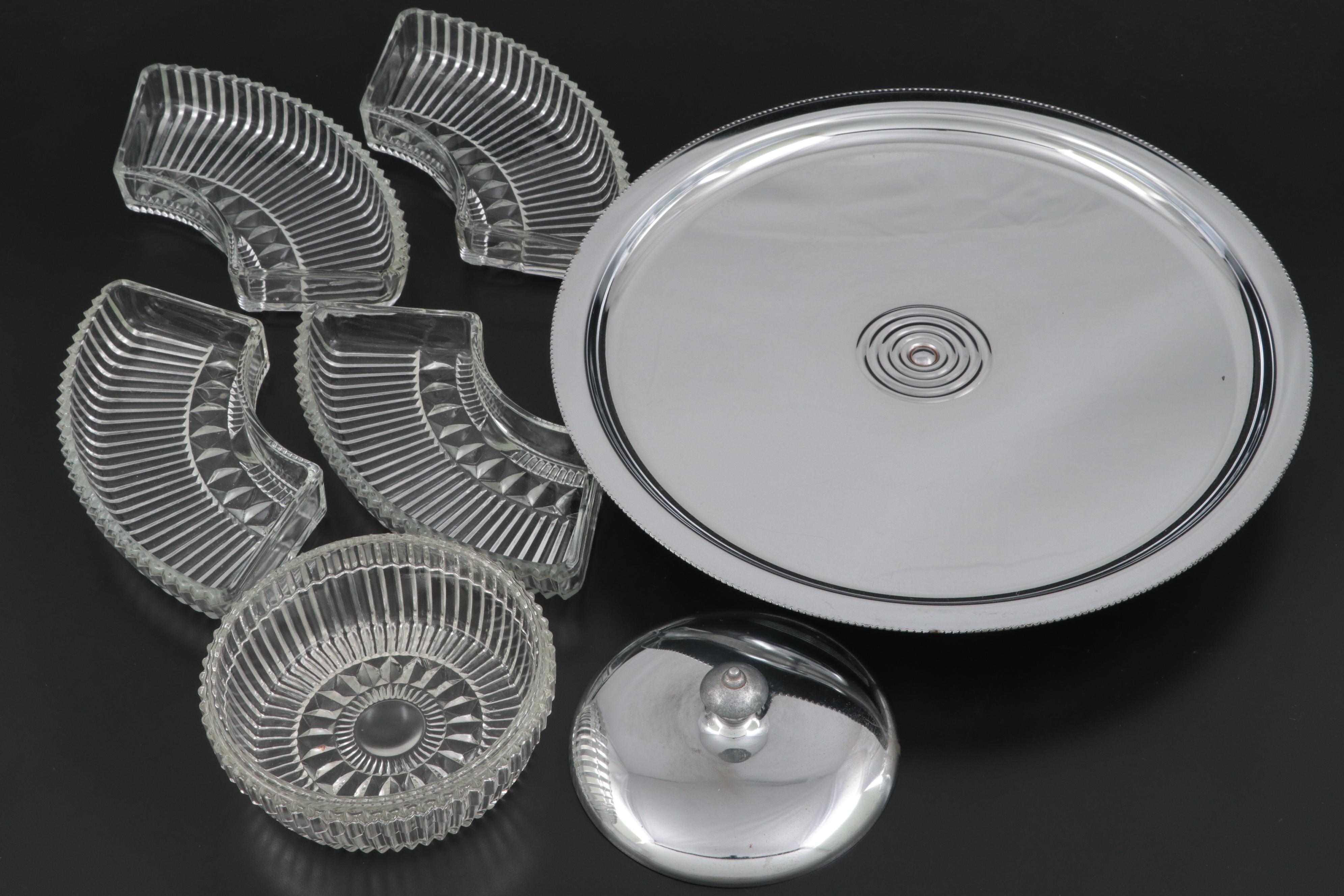 Pressed Glass Stemware and Cocktail Glasses with Serving Dish