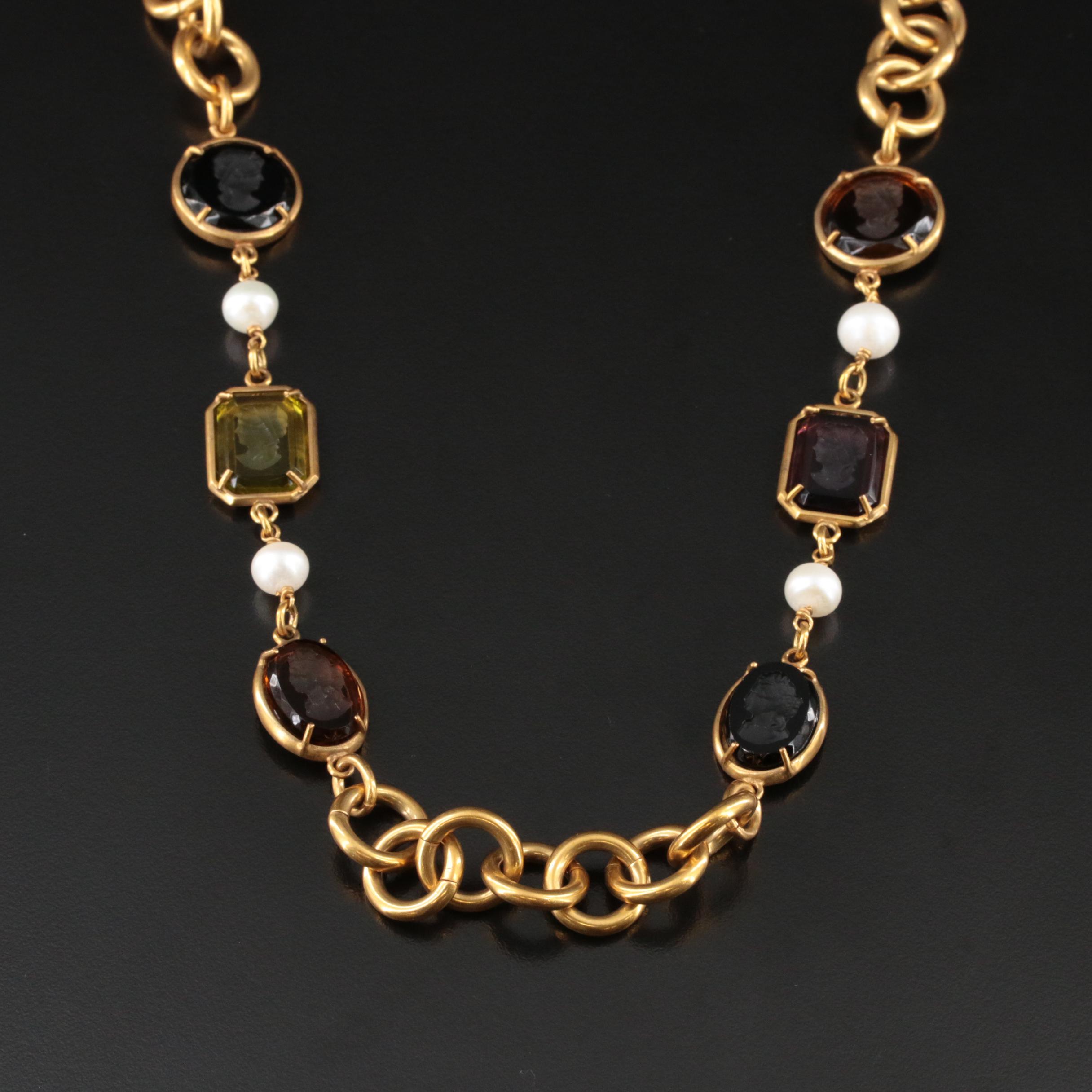 Patrizia Daliana Murano Glass Intaglio and Pearl Station Necklace