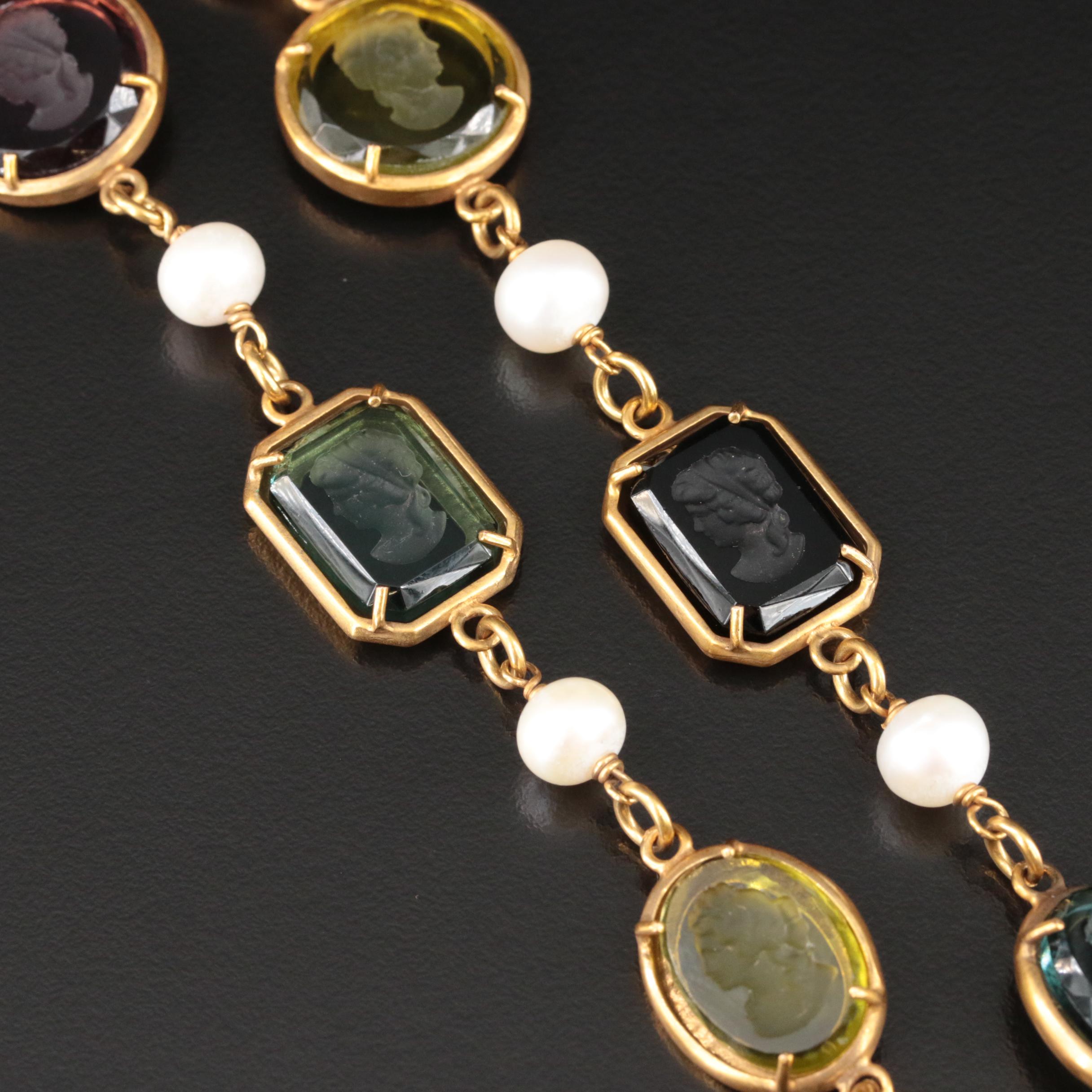 Patrizia Daliana Murano Glass Intaglio and Pearl Station Necklace