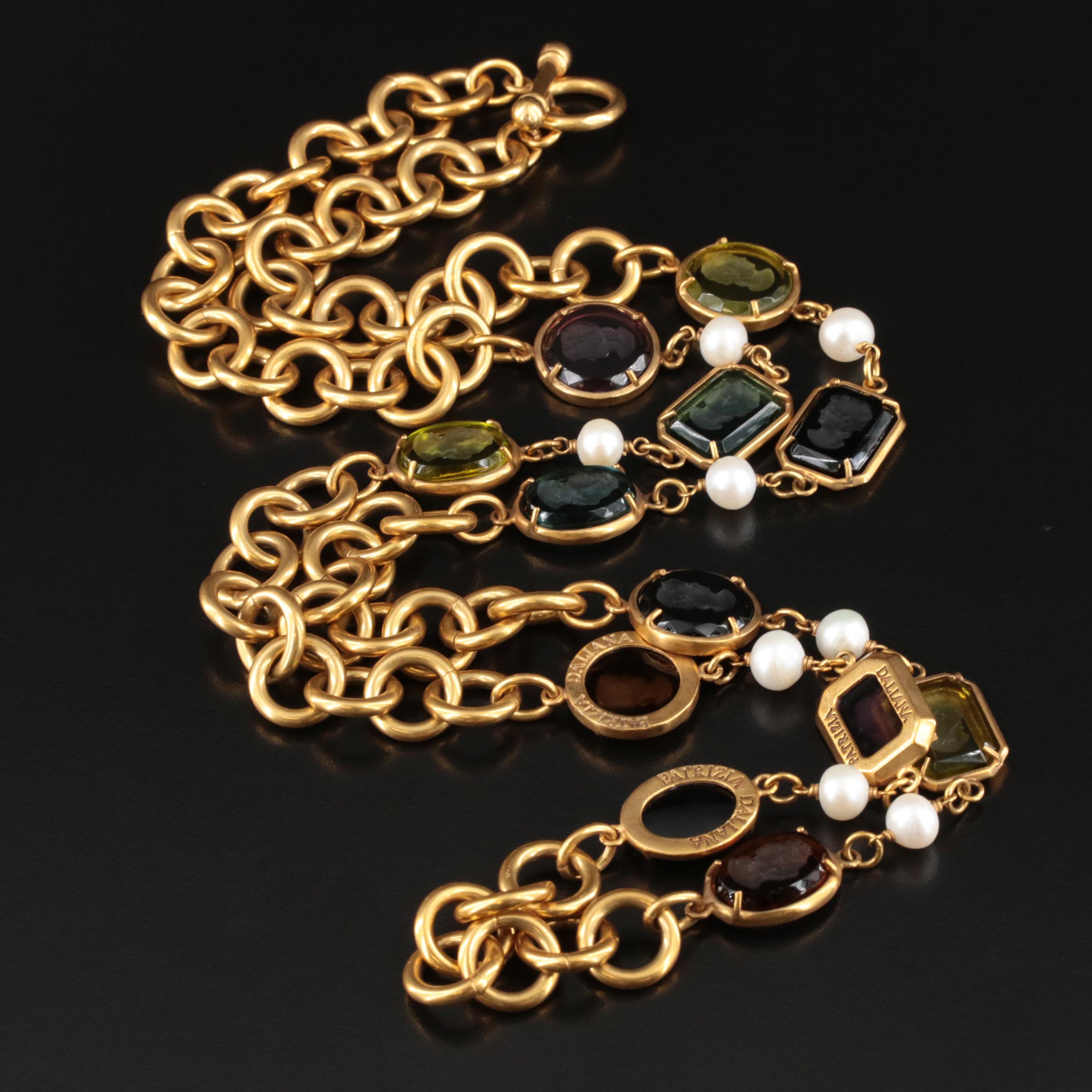 Patrizia Daliana Murano Glass Intaglio and Pearl Station Necklace
