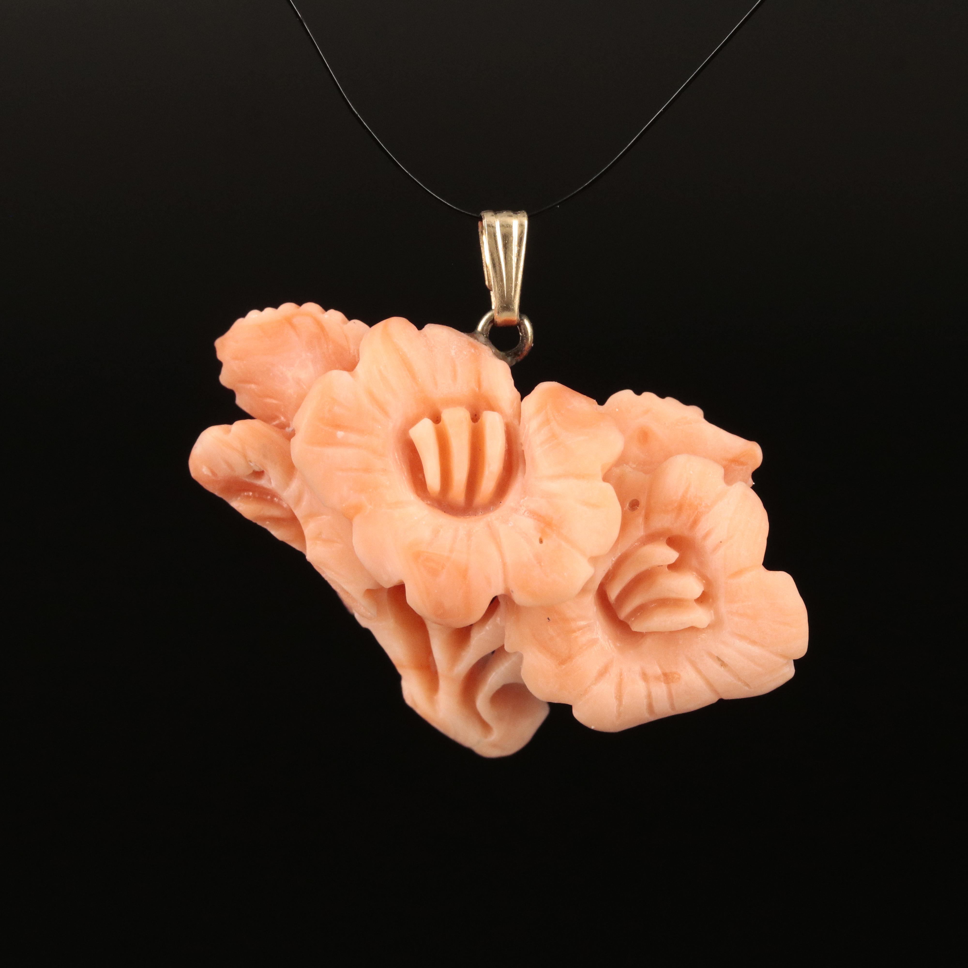 14K Carved Coral Flower Pendant