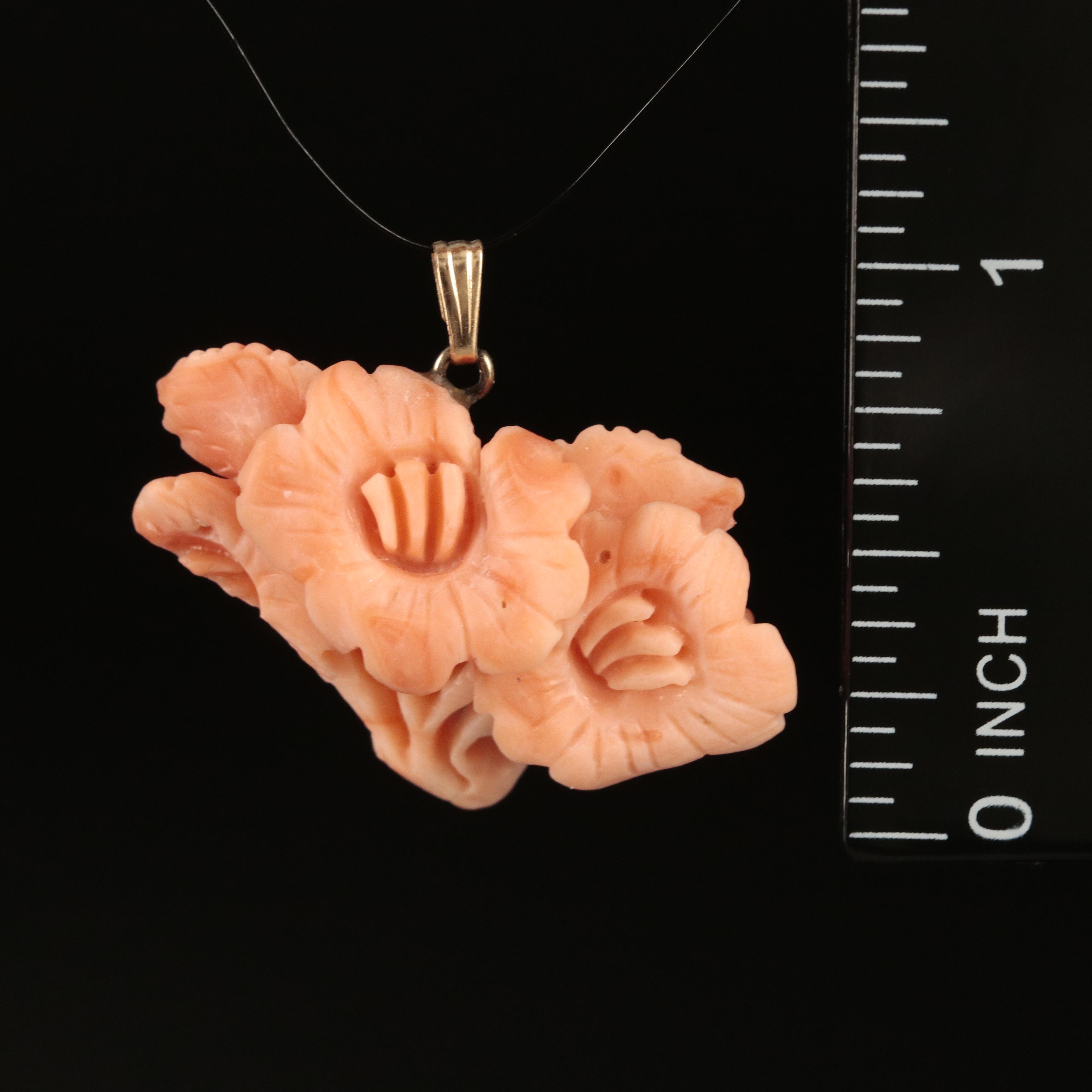 14K Carved Coral Flower Pendant