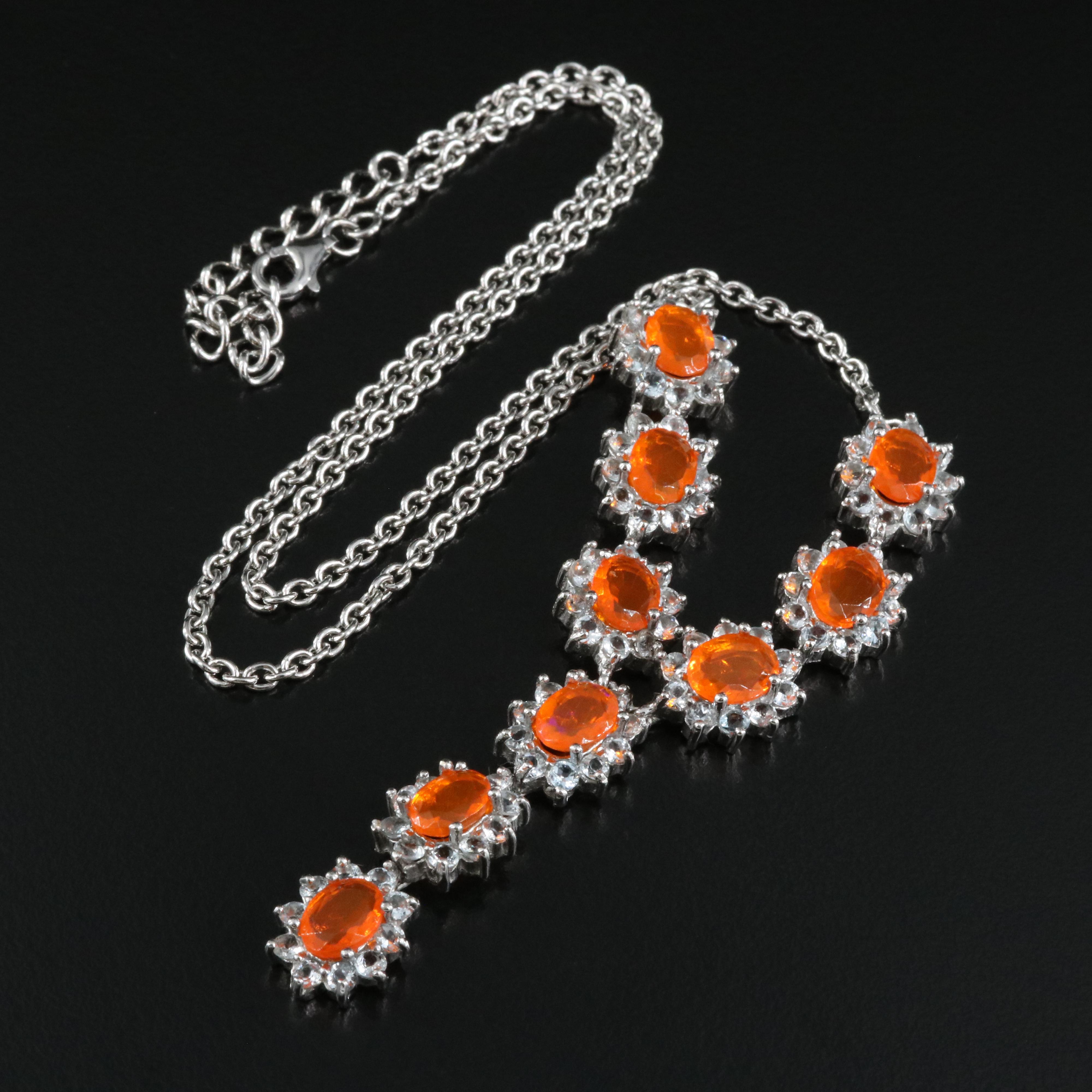 Sterling Fire Opal and Aquamarine Y Necklace