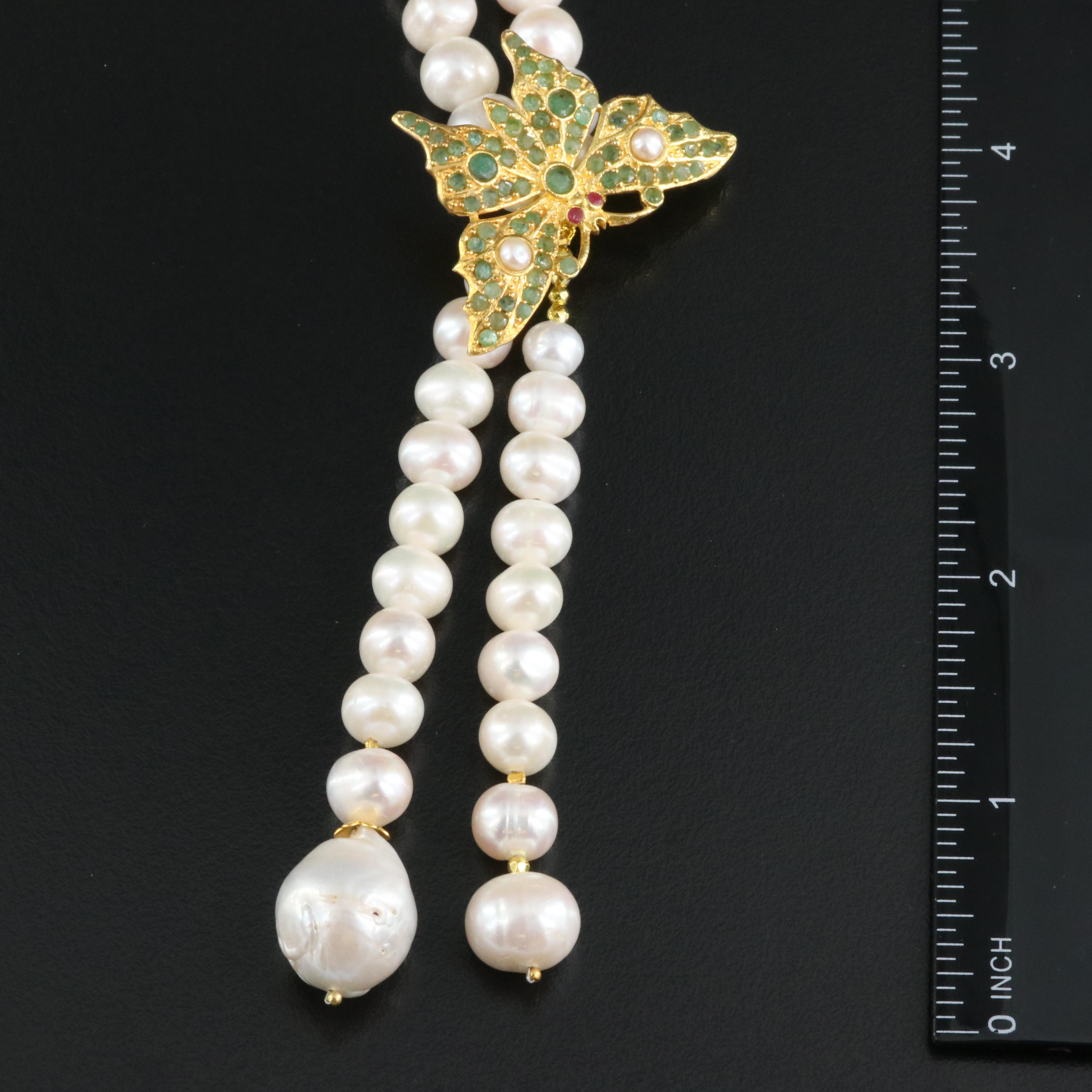 Sterling Pearl, Emerald and Ruby Butterfly Necklace