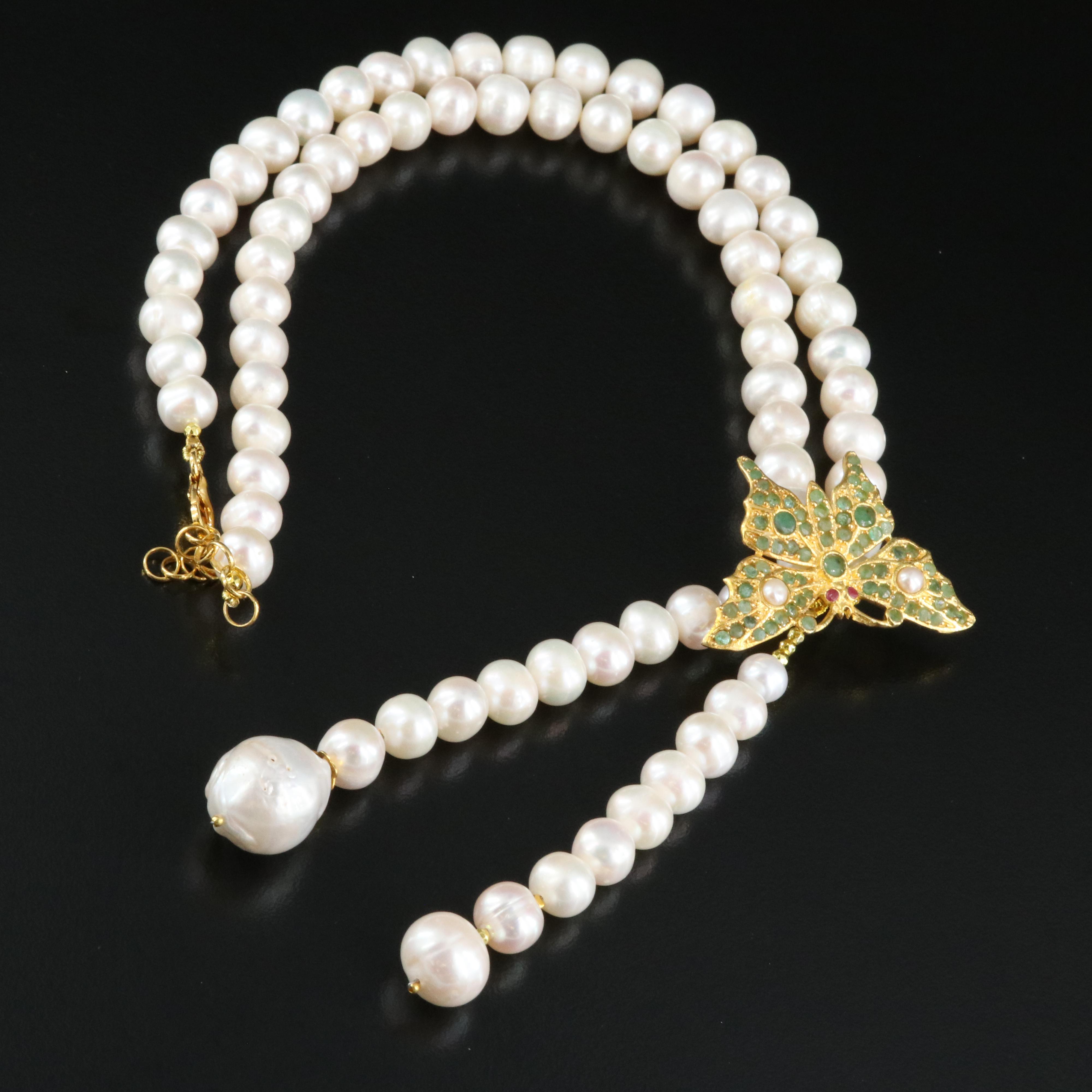 Sterling Pearl, Emerald and Ruby Butterfly Necklace