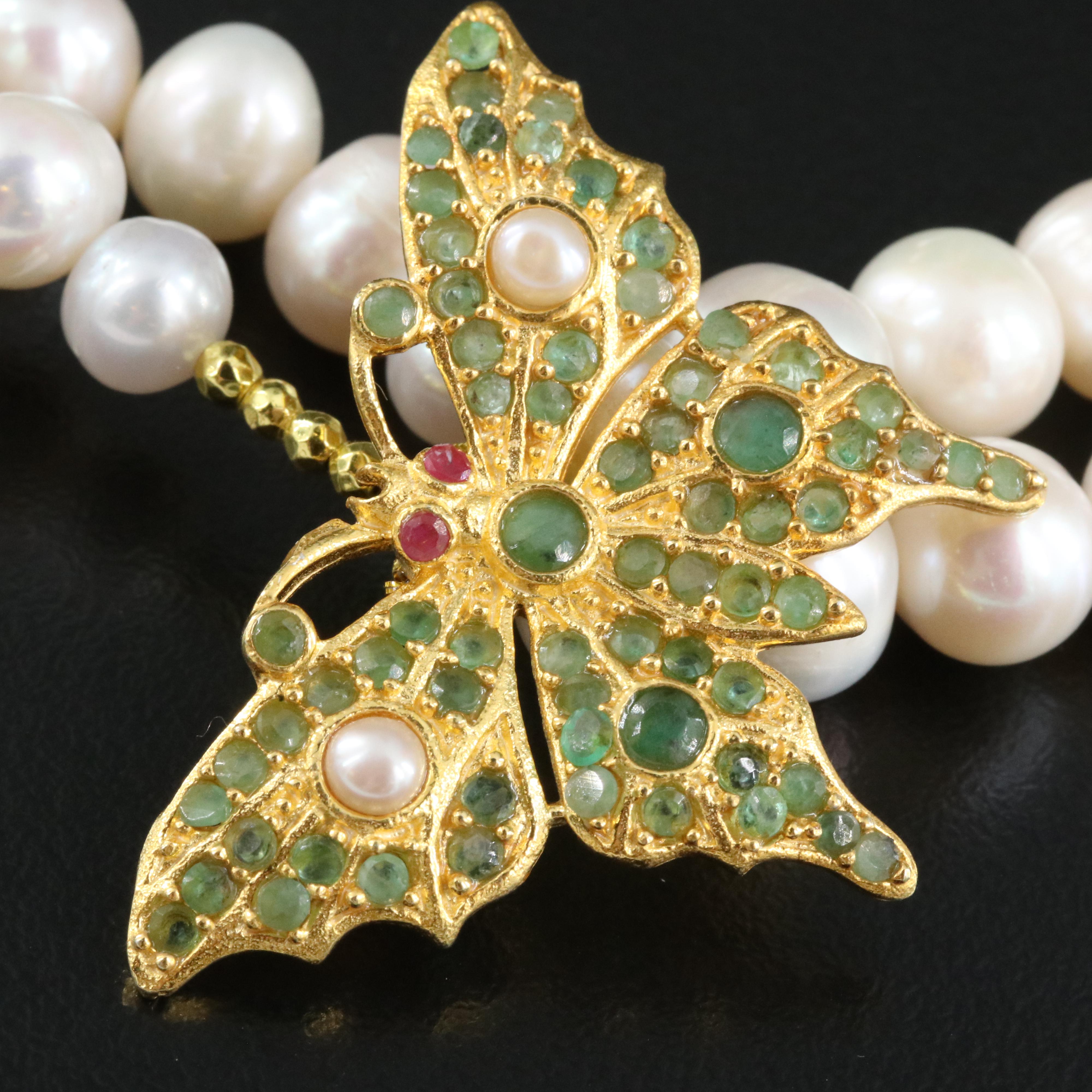 Sterling Pearl, Emerald and Ruby Butterfly Necklace