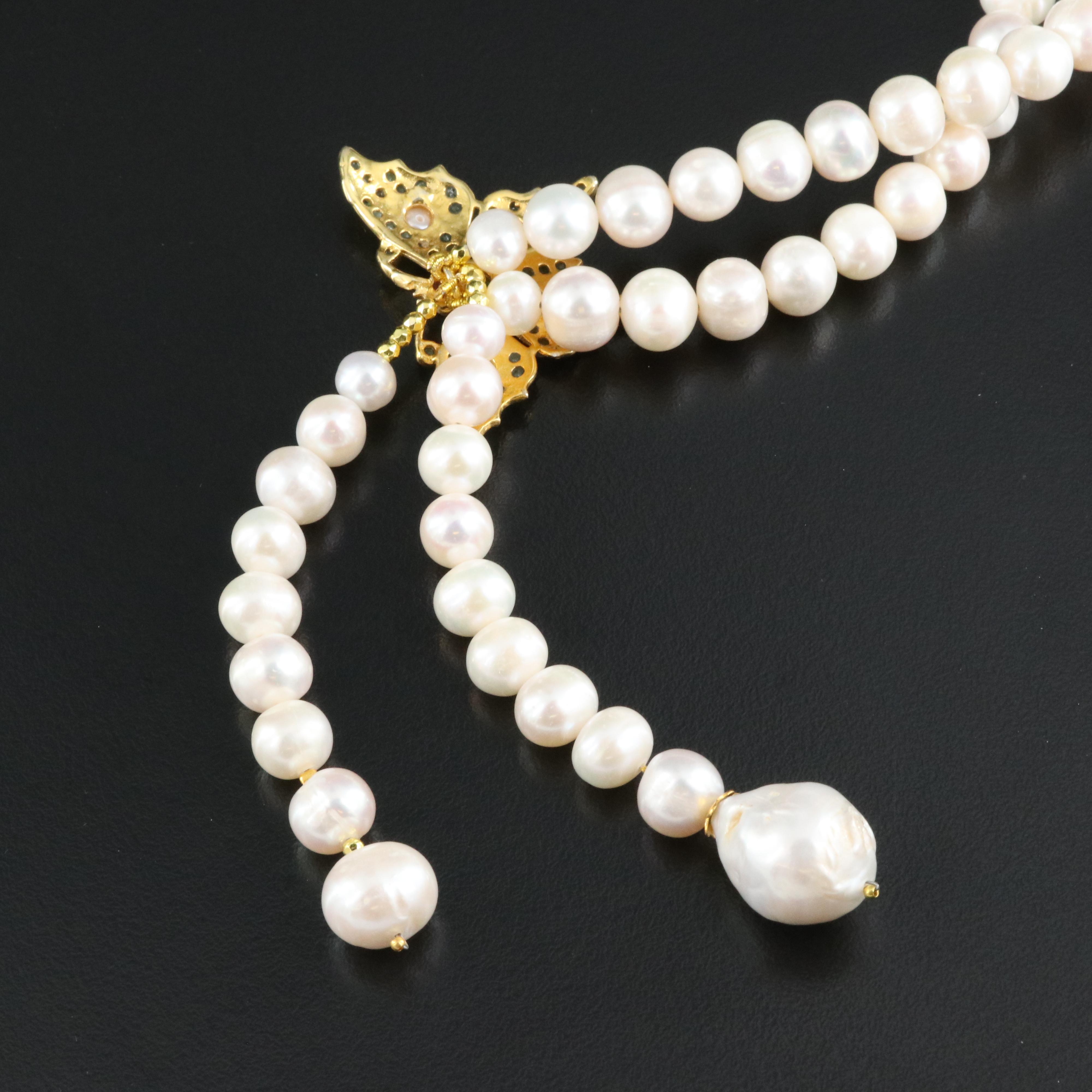 Sterling Pearl, Emerald and Ruby Butterfly Necklace